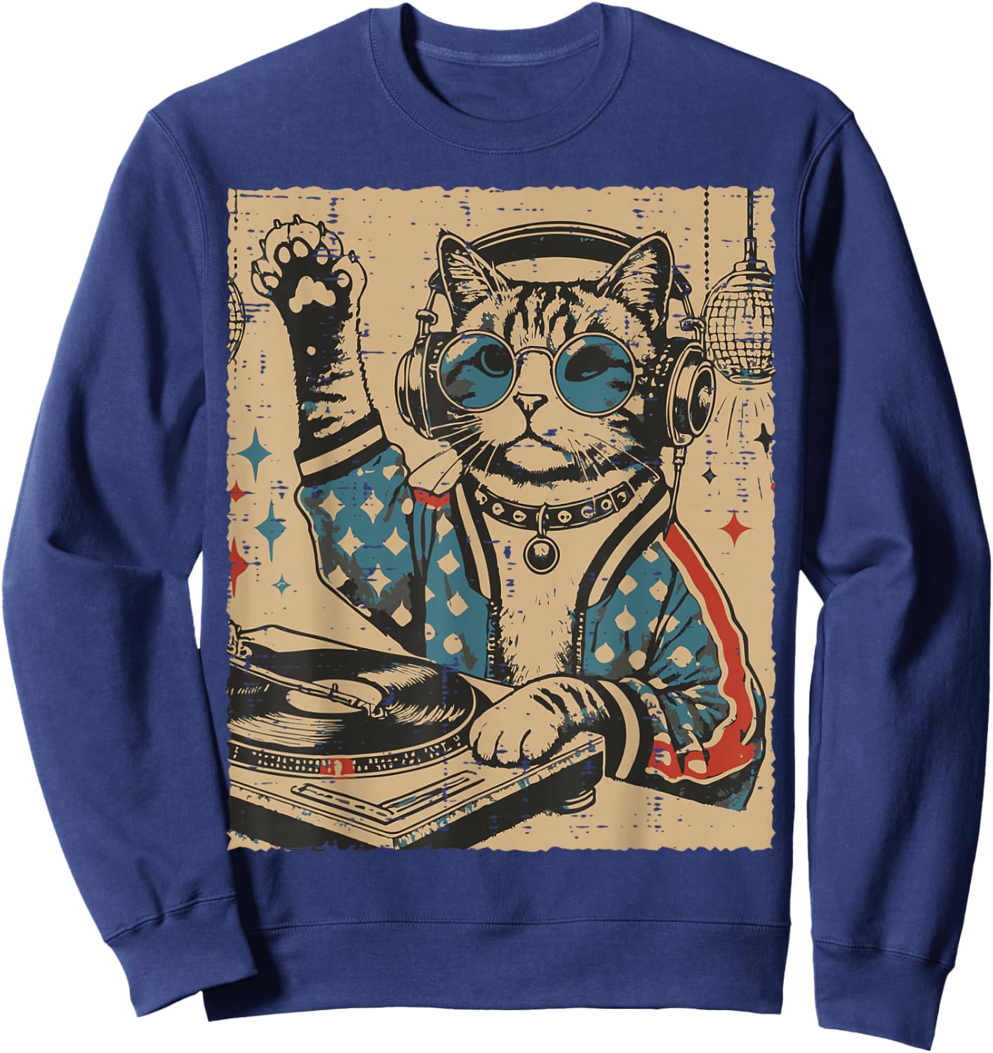 Cat Dj Turntable Vintage Kitten Disco Music Men Women Kids Sweatshirt - Sweatshirt | Navy