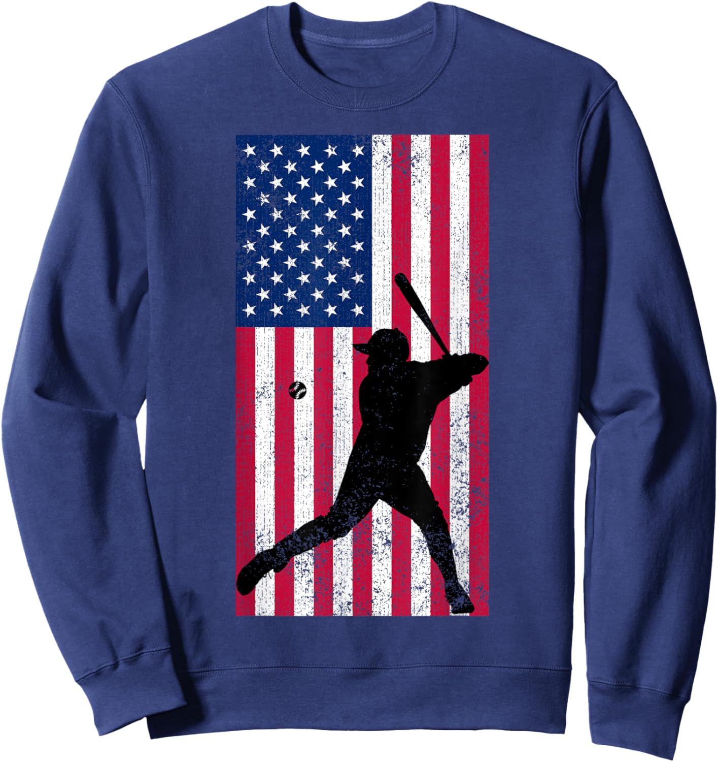 Baseball Player Distressed American Flag USA Patriotic Sport Women Kids Men Sweatshirt - Sweatshirt | Navy