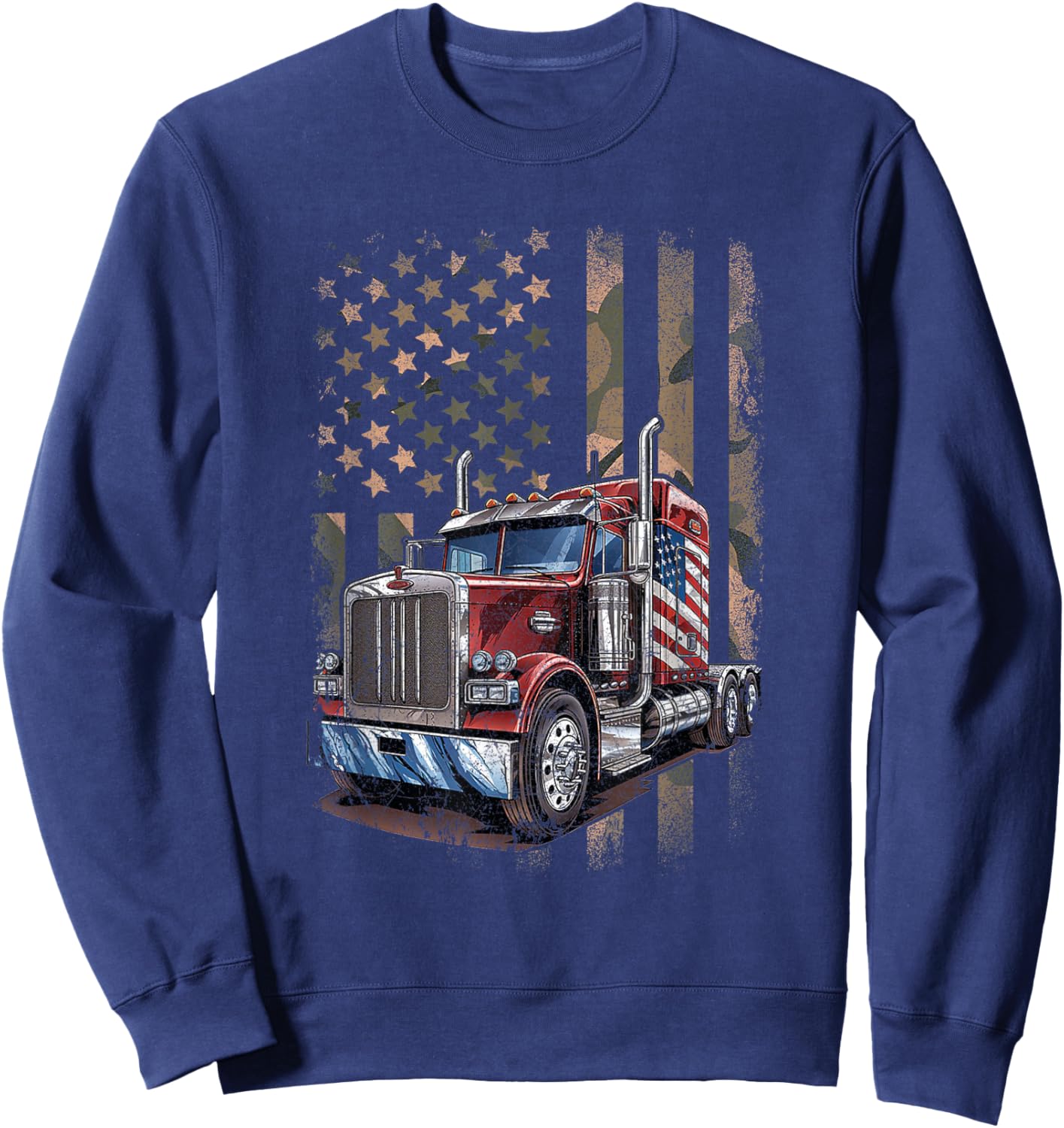 Truck Driver Camo USA American Flag Shirt Vintage Semi Truck Sweatshirt - Sweatshirt | Navy