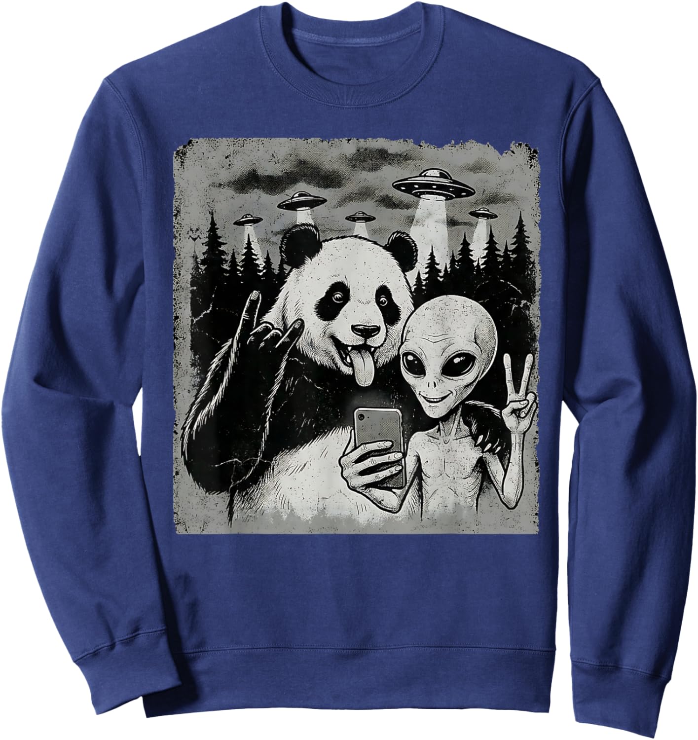 Funny Panda and Alien Rock On Hand Sign UFO Selfie Sweatshirt - Sweatshirt | Navy