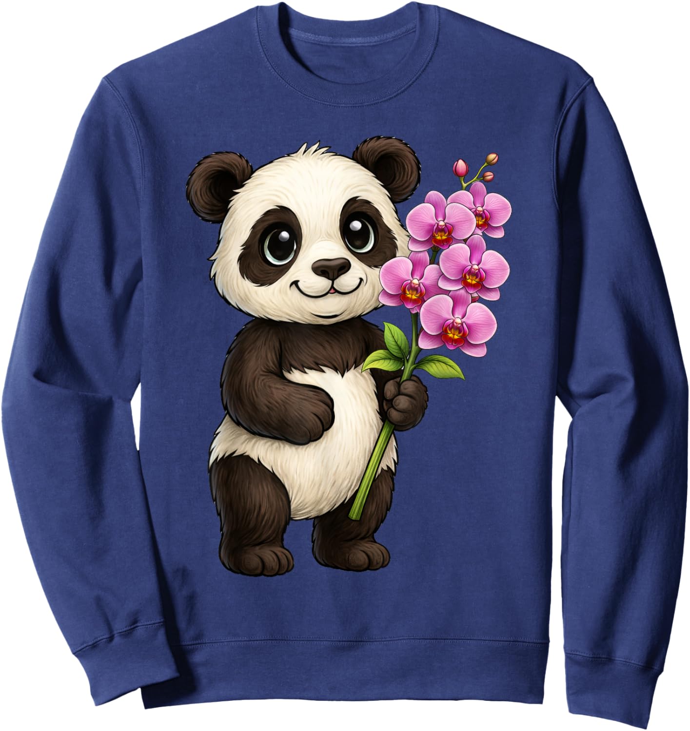 Cute Panda Bear Holding Orchid Flower Sweatshirt - Sweatshirt | Navy