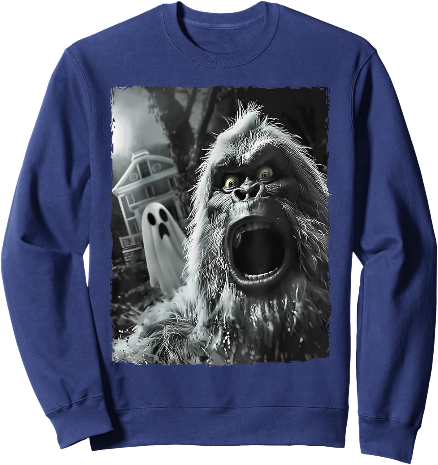 Bigfoot Sasquatch Selfie with Ghost Halloween Haunted House Sweatshirt - Sweatshirt | Navy