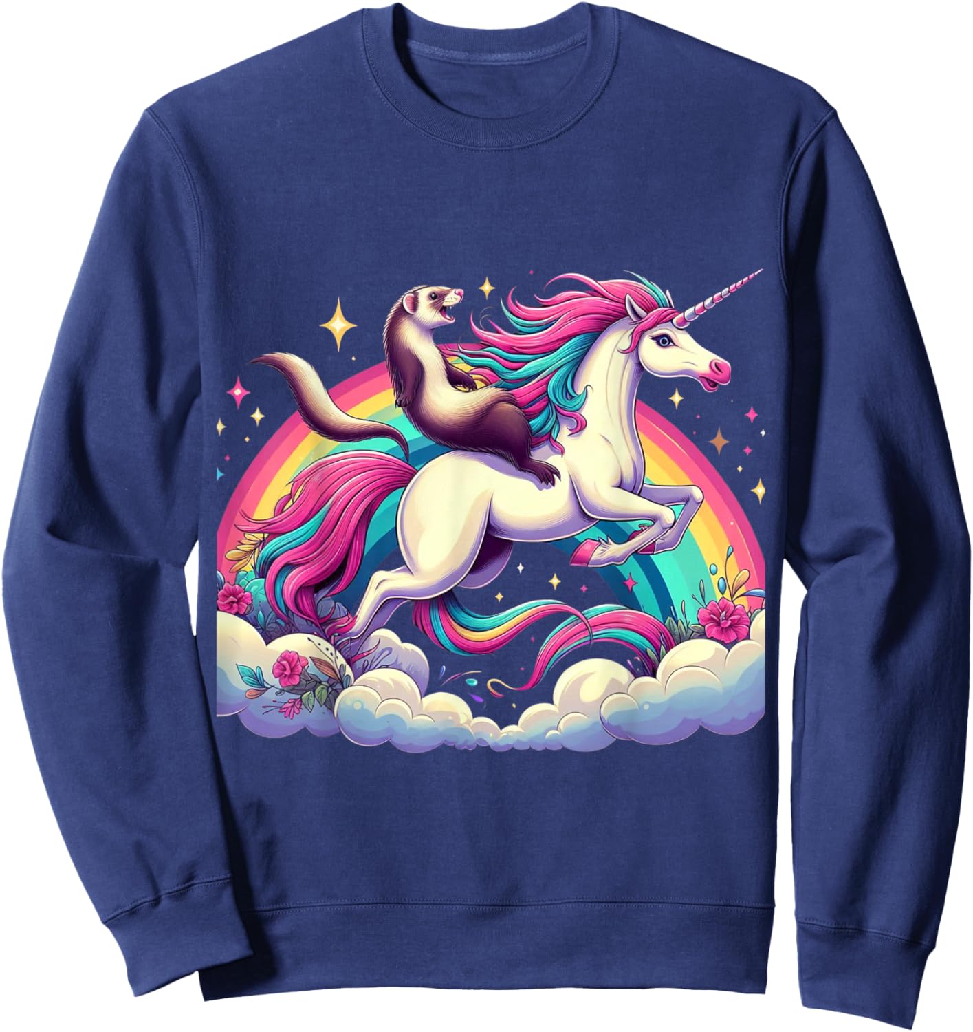 Ferret Riding Unicorn Boys Girls Men Women Kids Rainbow Sweatshirt - Sweatshirt | Navy