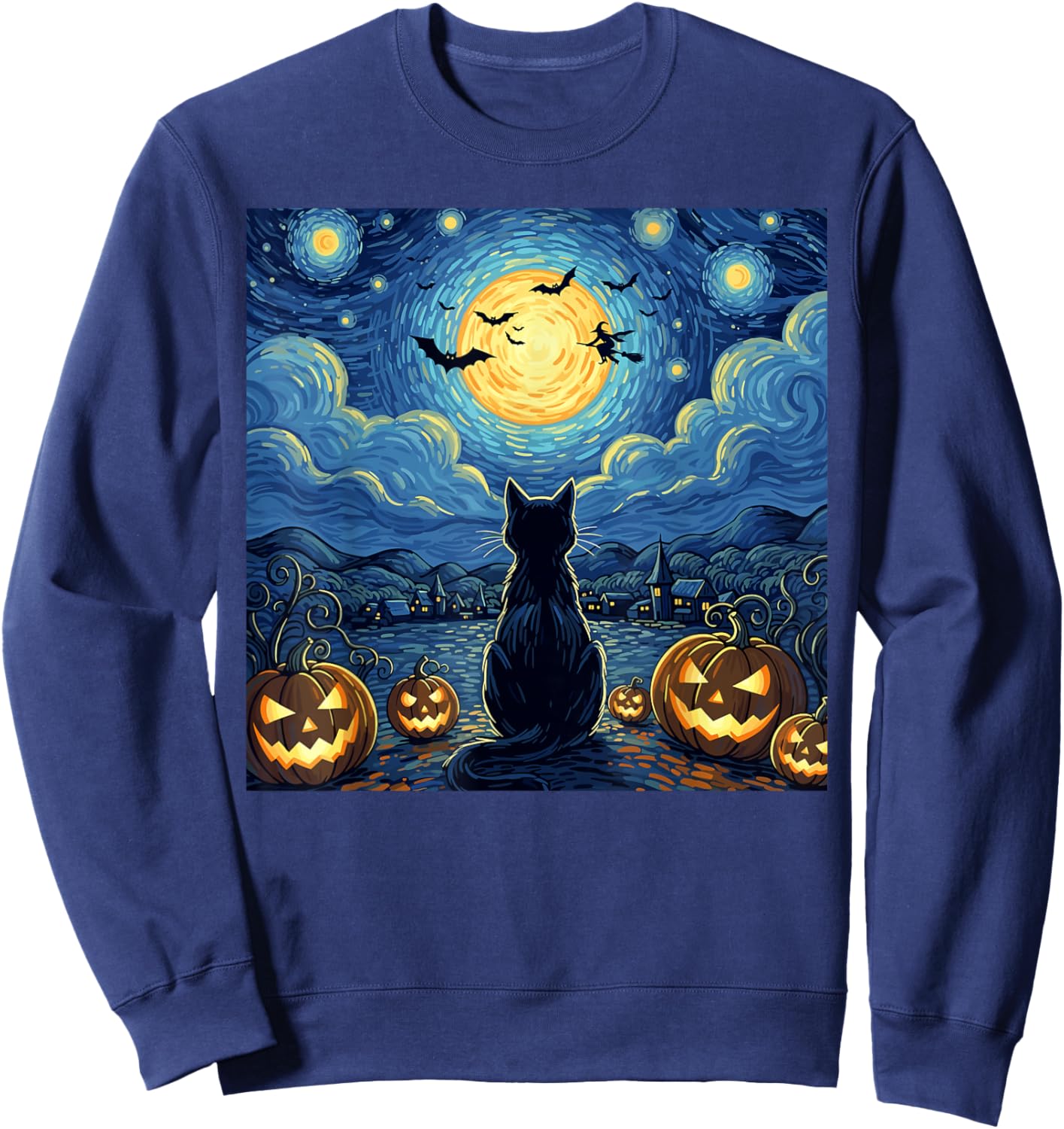 Halloween Black Cat Starry Night Witch Pumpkin Moon Sweatshirt - Sweatshirt | Navy