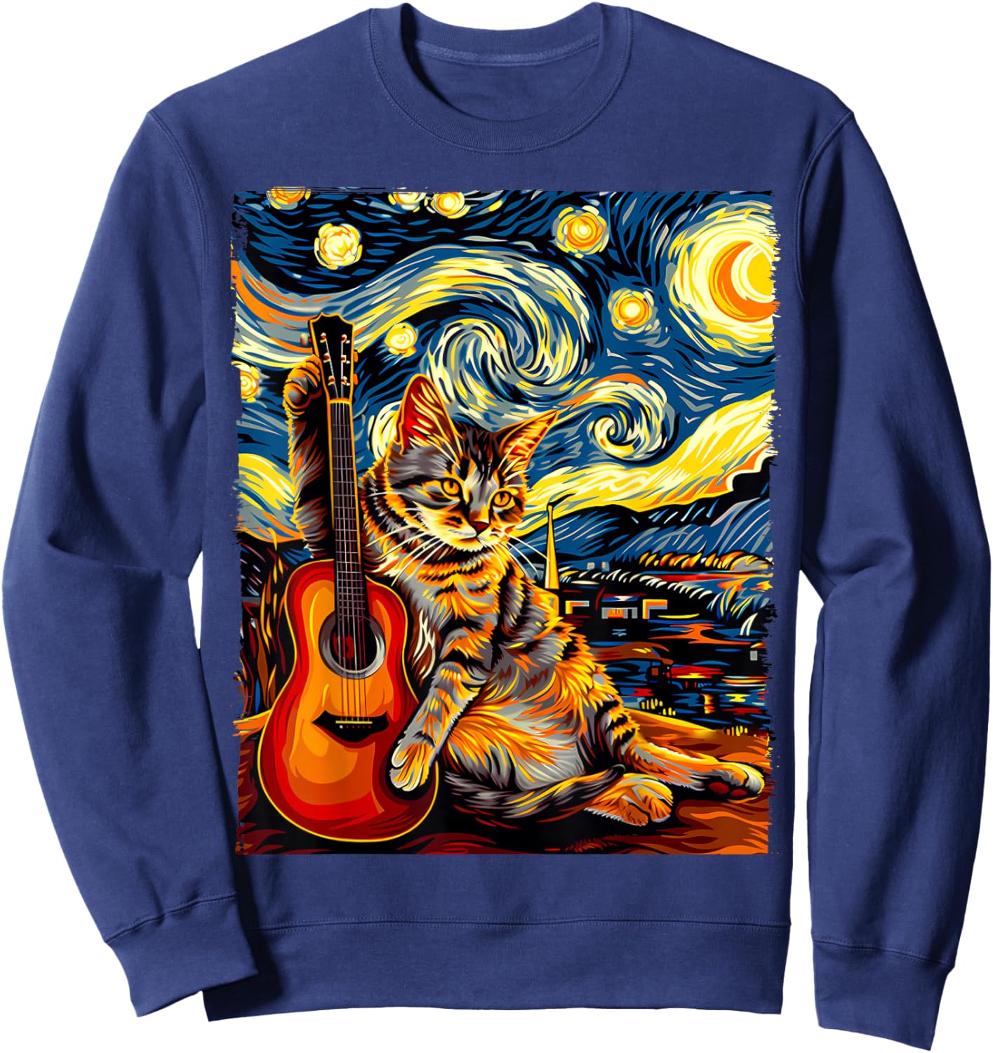 Painting A Cat Playing Guitar in The Starry Night, Cat Art Sweatshirt - Sweatshirt | Navy