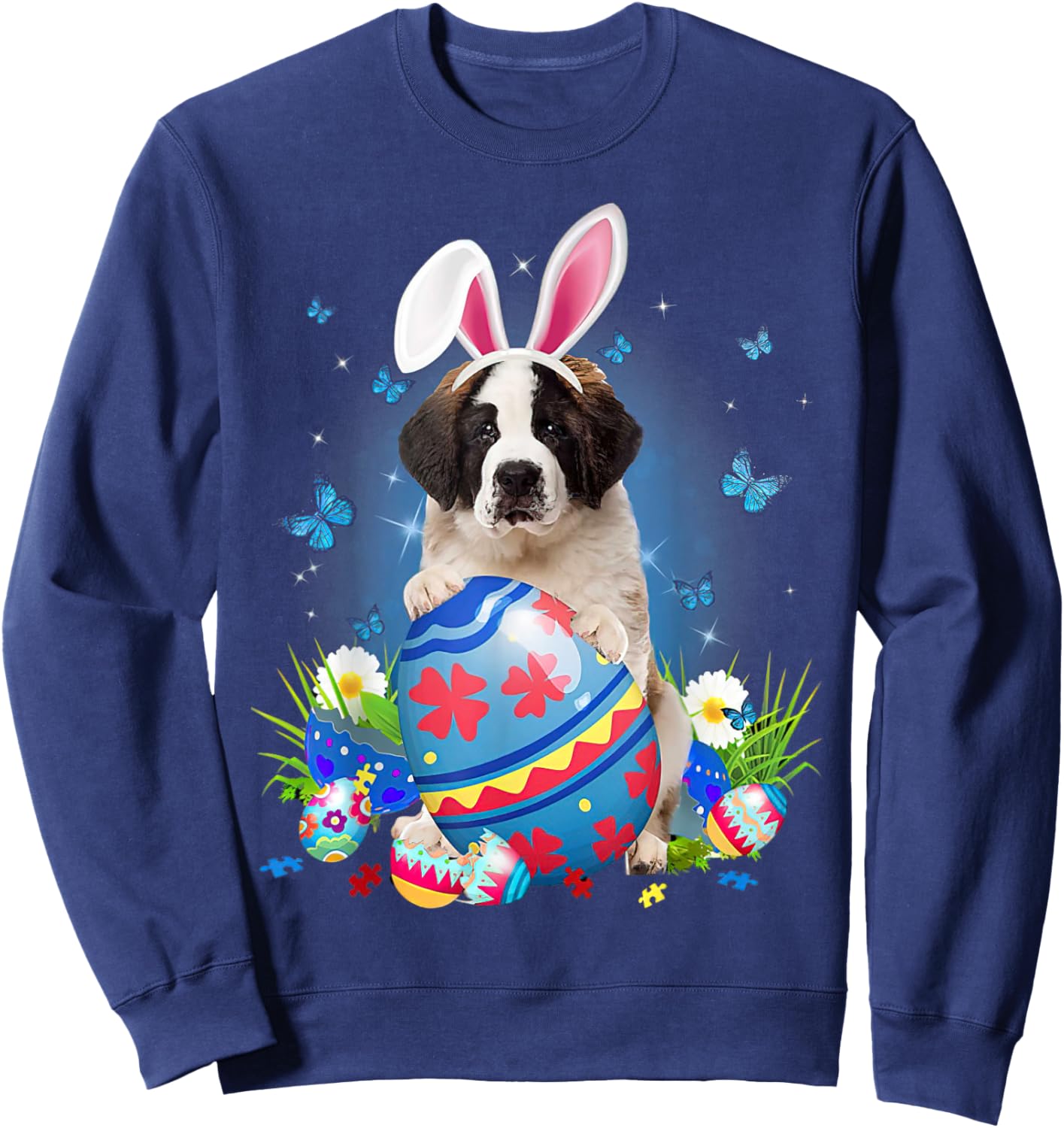 Easter Cute Saint Bernard Dog Lover Bunny Eggs Easter Sweatshirt - Sweatshirt | Navy