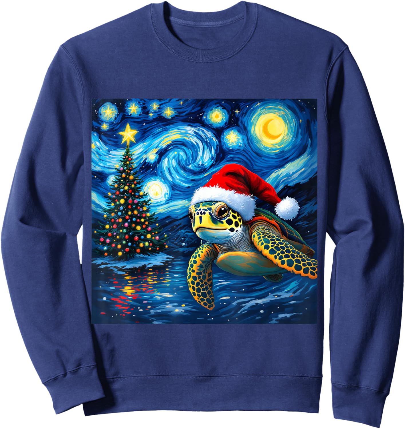 Christmas Sea Turtle Santa Hat Van Gogh Starry Night Holiday Sweatshirt - Sweatshirt | Navy