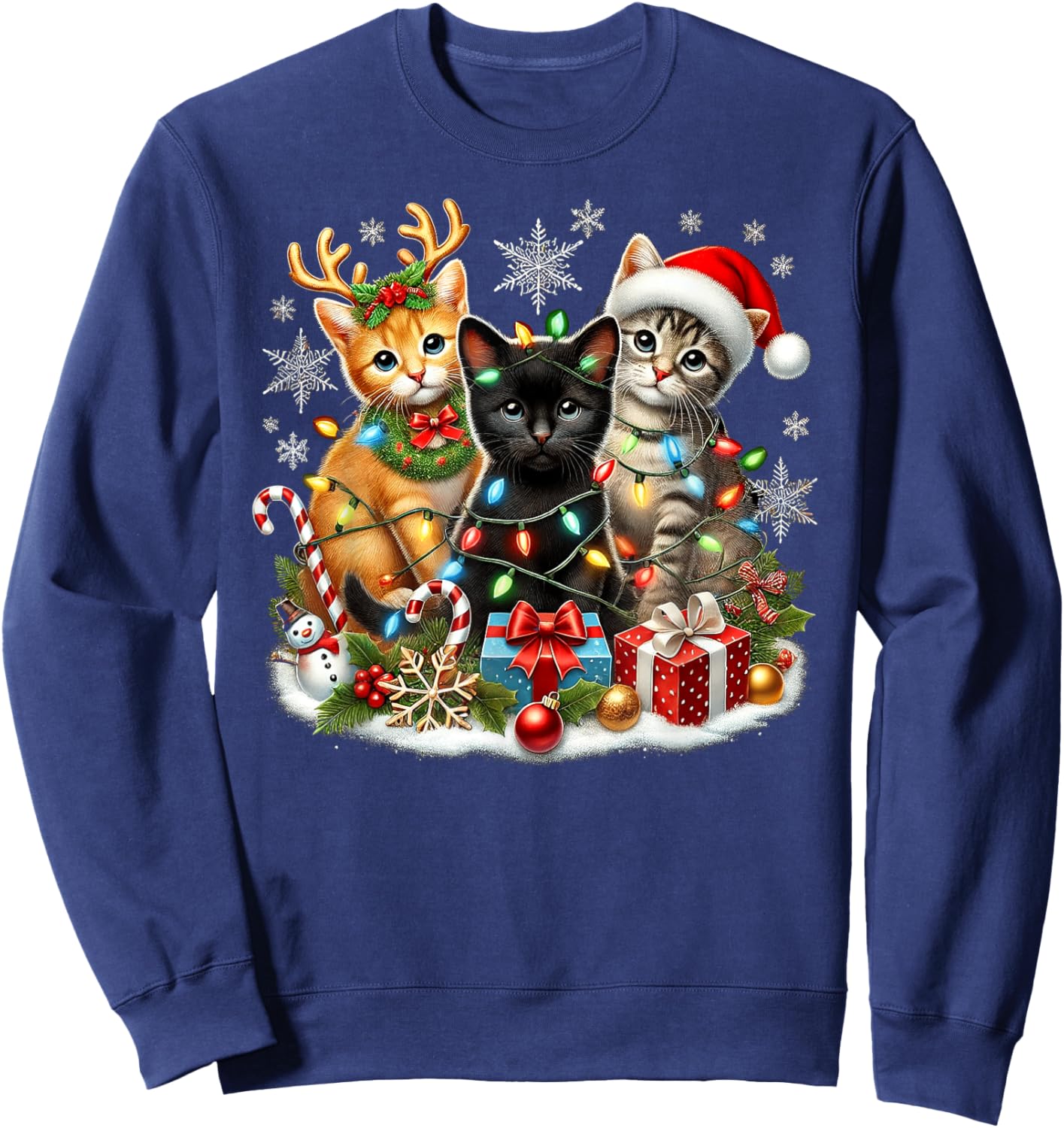 Merry Christmas Baby Cats Presents Snowflake Santa Claus Sweatshirt - Sweatshirt | Navy