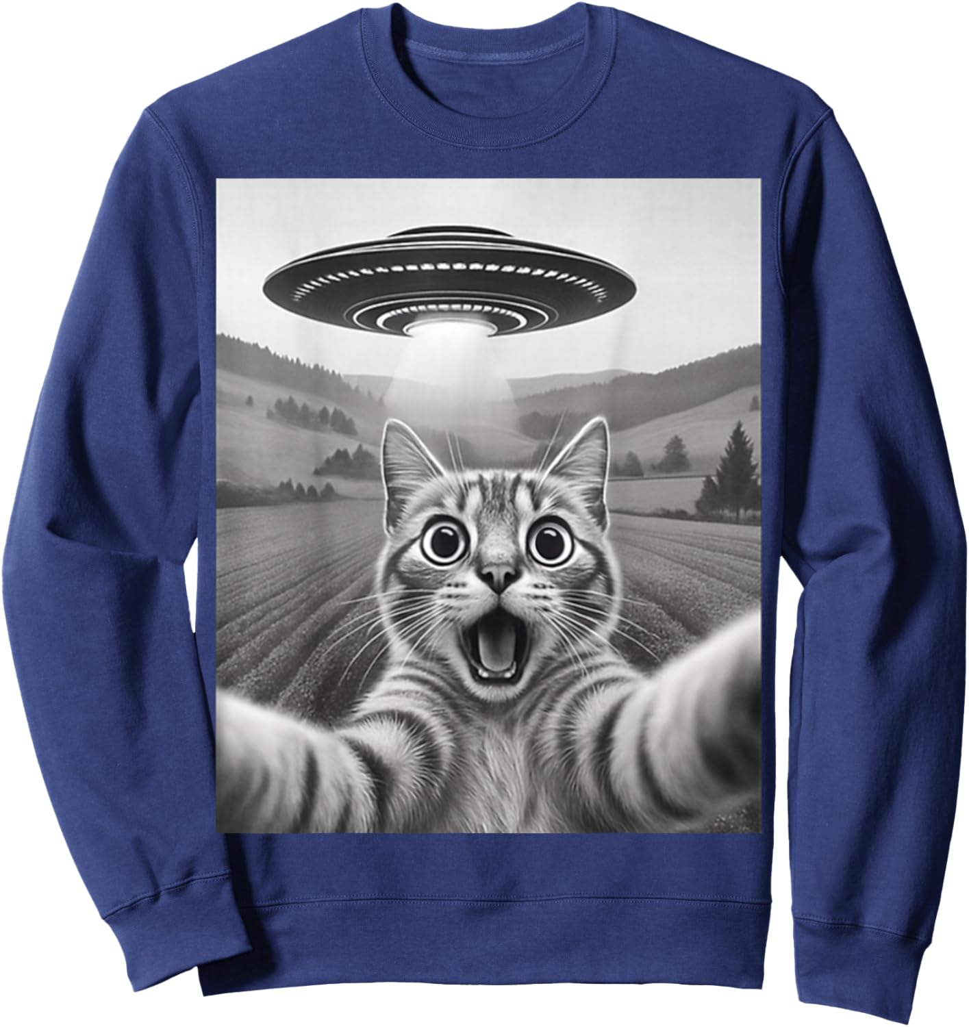 Cat Selfie with Alien UFO Funny Gift Men Women Sweatshirt - Sweatshirt | Navy