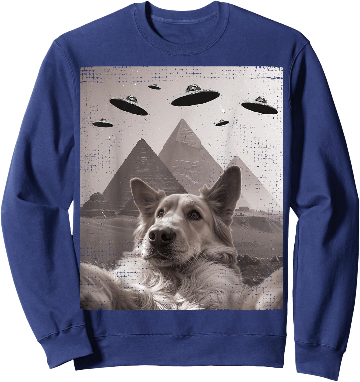 Dog UFO Meme - Funny Golden Retriever Dog Selfie with UFOs Sweatshirt - Sweatshirt | Navy