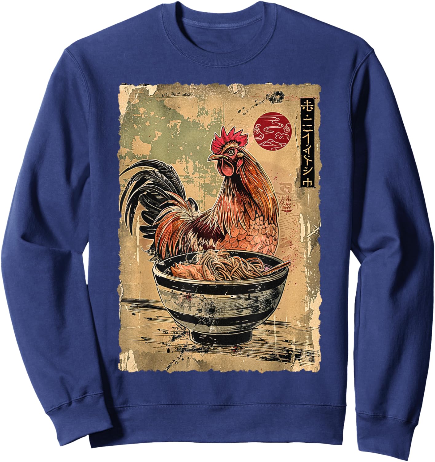Chicken Eating Ramen Noodles Japanese Woodblock Ukiyoe Art Sweatshirt - Sweatshirt | Navy