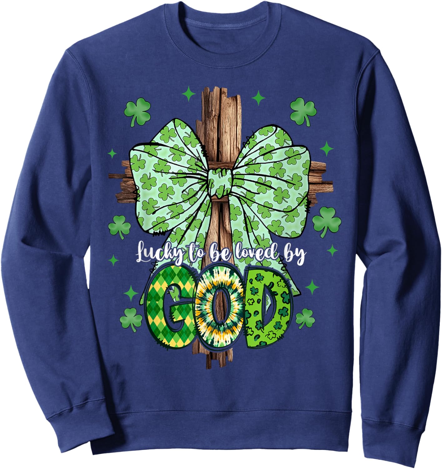 Lucky To Be Loved By God St Patricks Coquette Bow Christian Sweatshirt - Sweatshirt | Navy