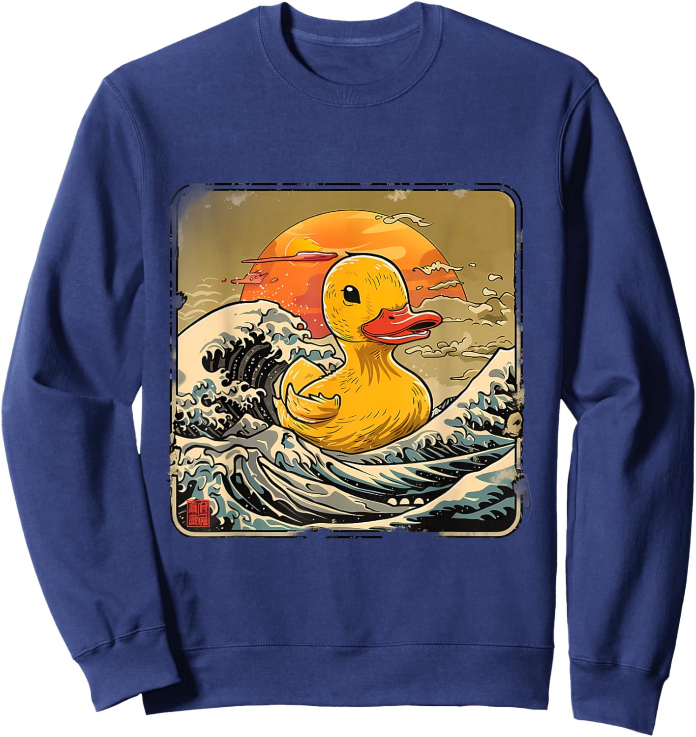Rubber Duck Great Wave Ocean Sunset Drawing Rubber Duckling Sweatshirt - Sweatshirt | Navy