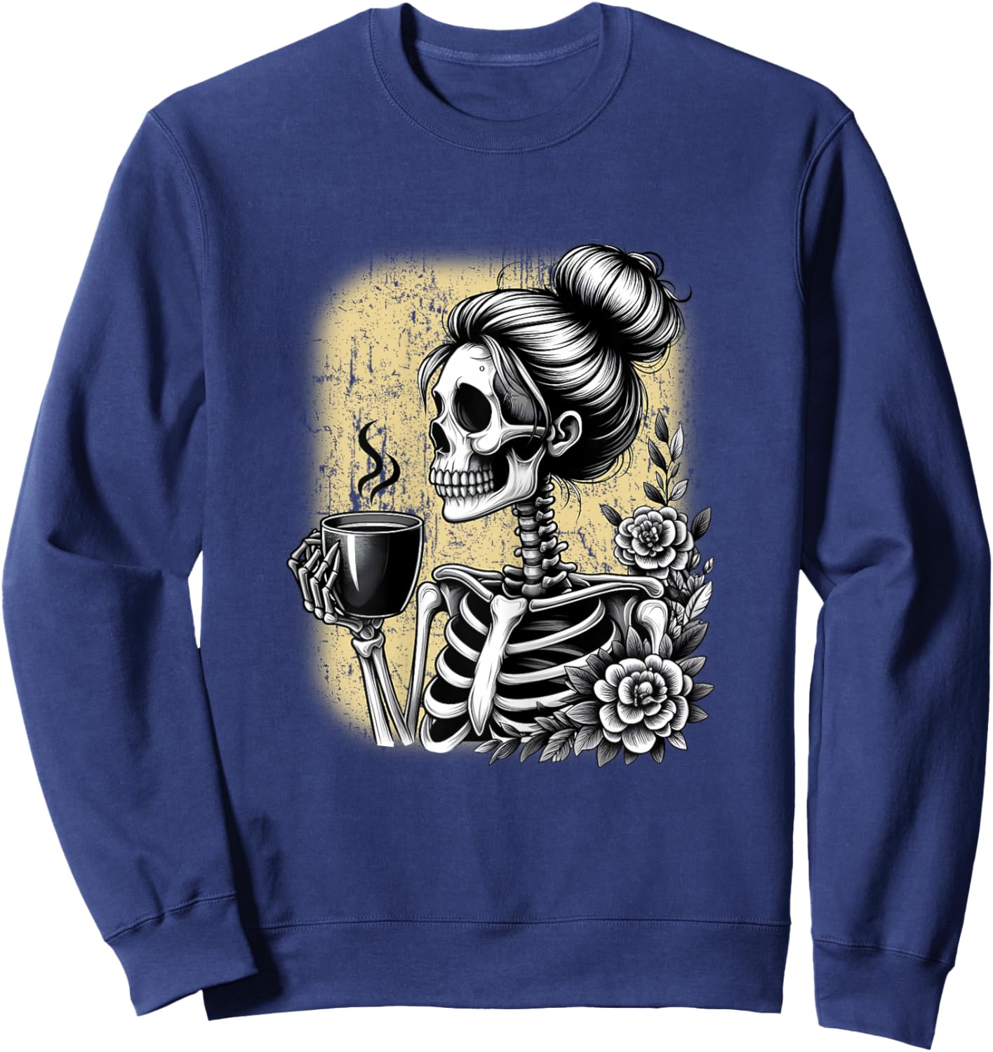 Messy Bun Skeleton Drinking Coffee Vintage Halloween Funny Sweatshirt - Sweatshirt | Navy