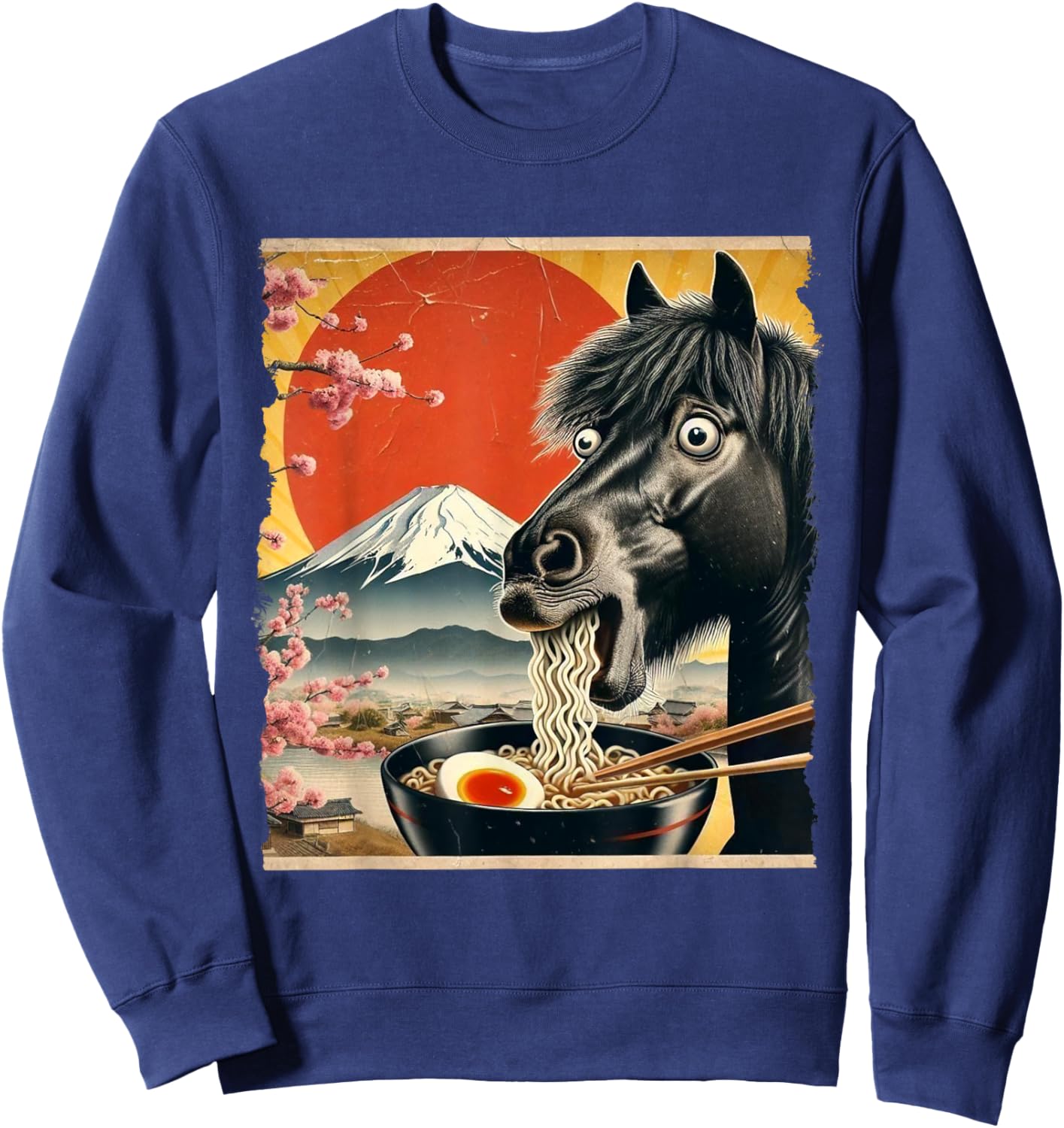 Funny Horse Eating Ramen Noodles Vintage Kawaii Sweatshirt - Sweatshirt | Navy