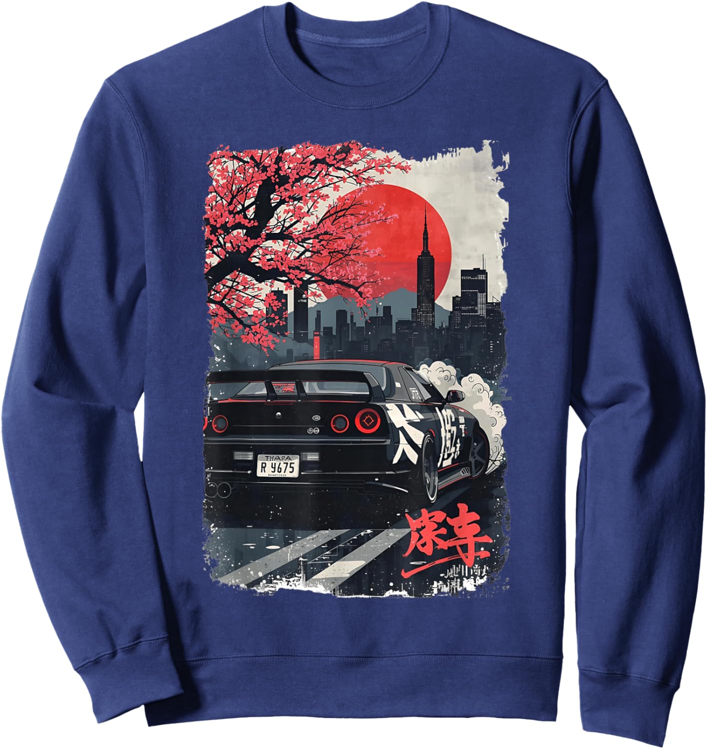 Distress JDM Drift-Rennwagen, Japanisches Sakura-Blütenkunstwerk Sweatshirt - Sweatshirt | Navy