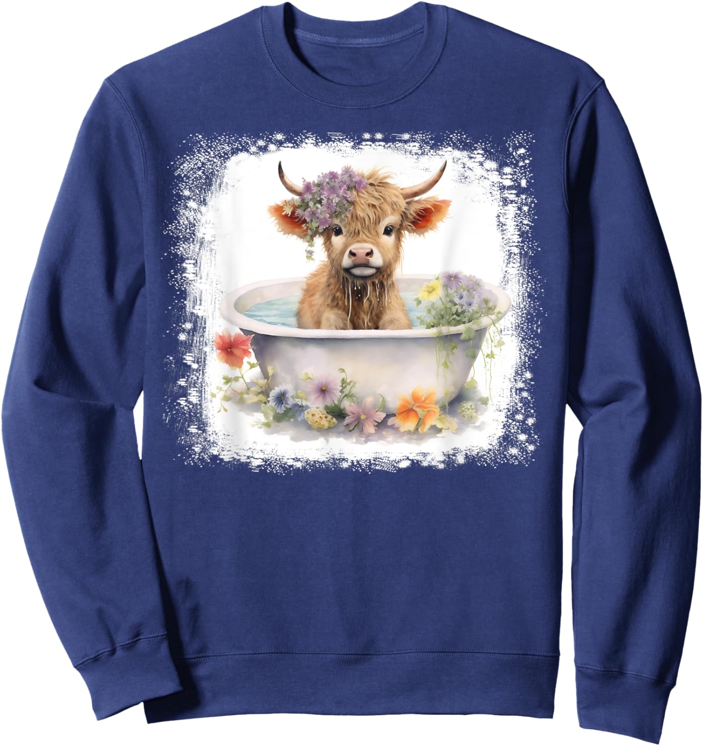 Baby Highland Cow In Bathtub Floral Flowers Women Girls Sweatshirt - Sweatshirt | Navy