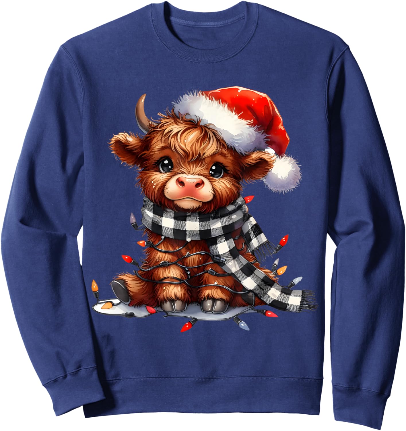 Funny Xmas Merry Moo Cows Cute Highland Cow Christmas Lights Sweatshirt - Sweatshirt | Navy