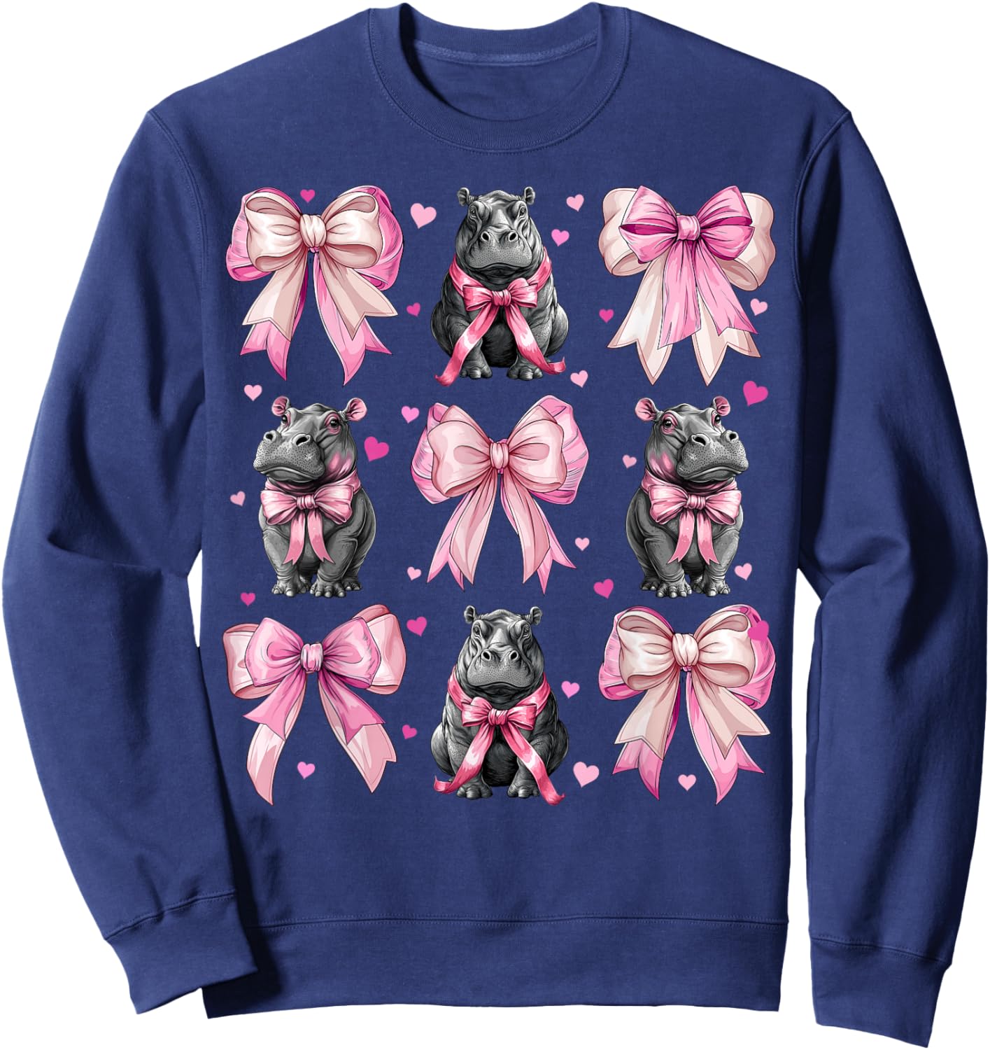 Coquette Bow Hippo Hippopotamus Blushing Girl Mom Pink Sweatshirt - Sweatshirt | Navy