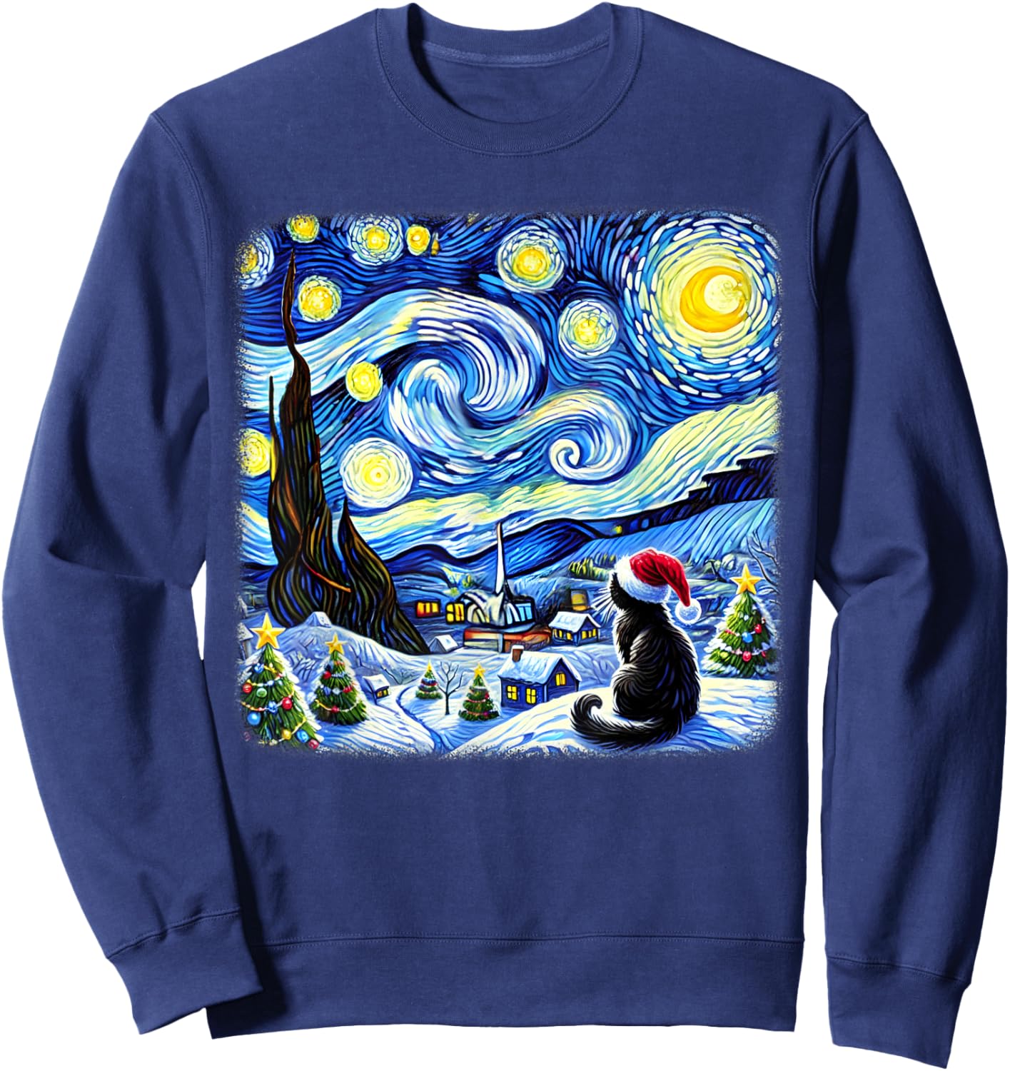 Christmas Van Gogh Starry Night Black Cat Santa Hat Xmas Sweatshirt - Sweatshirt | Navy