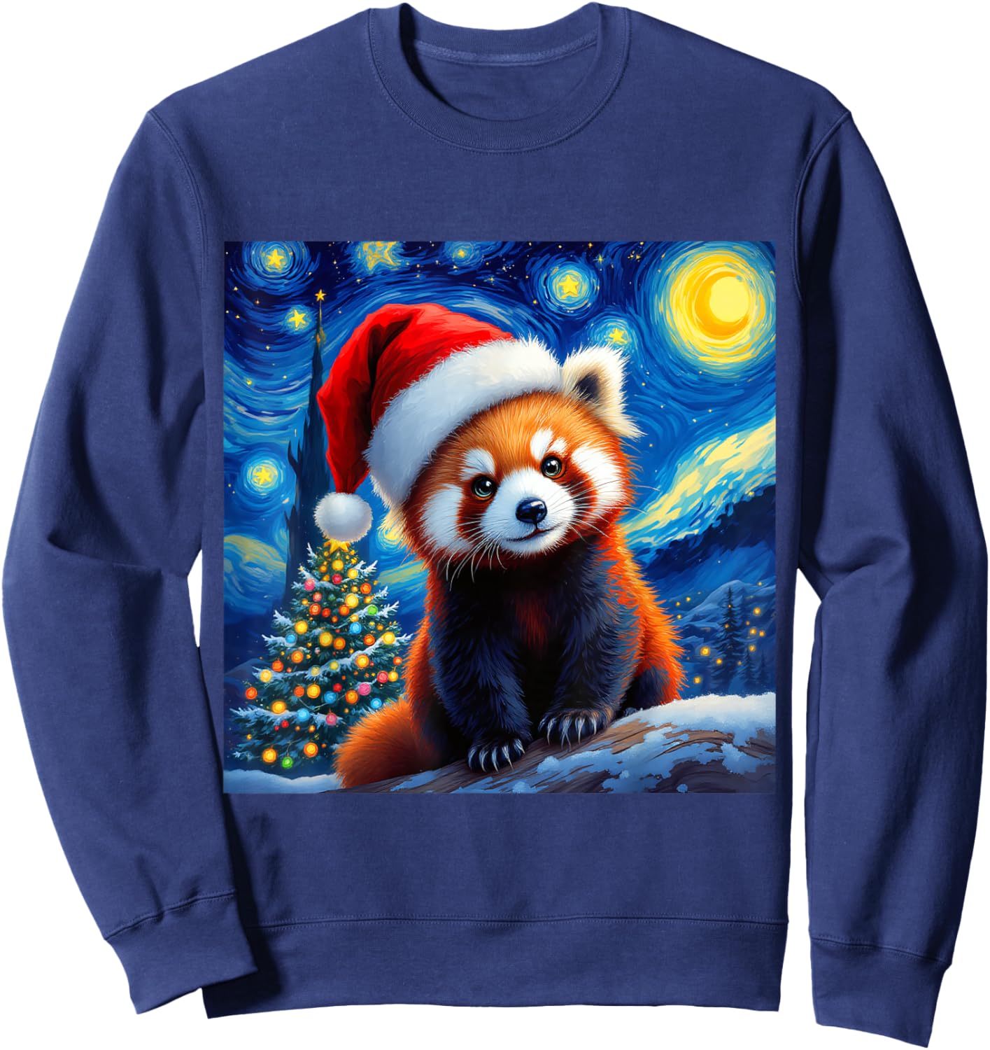 Christmas Red Panda Santa Hat Van Gogh Starry Night Holiday Sweatshirt - Sweatshirt | Navy