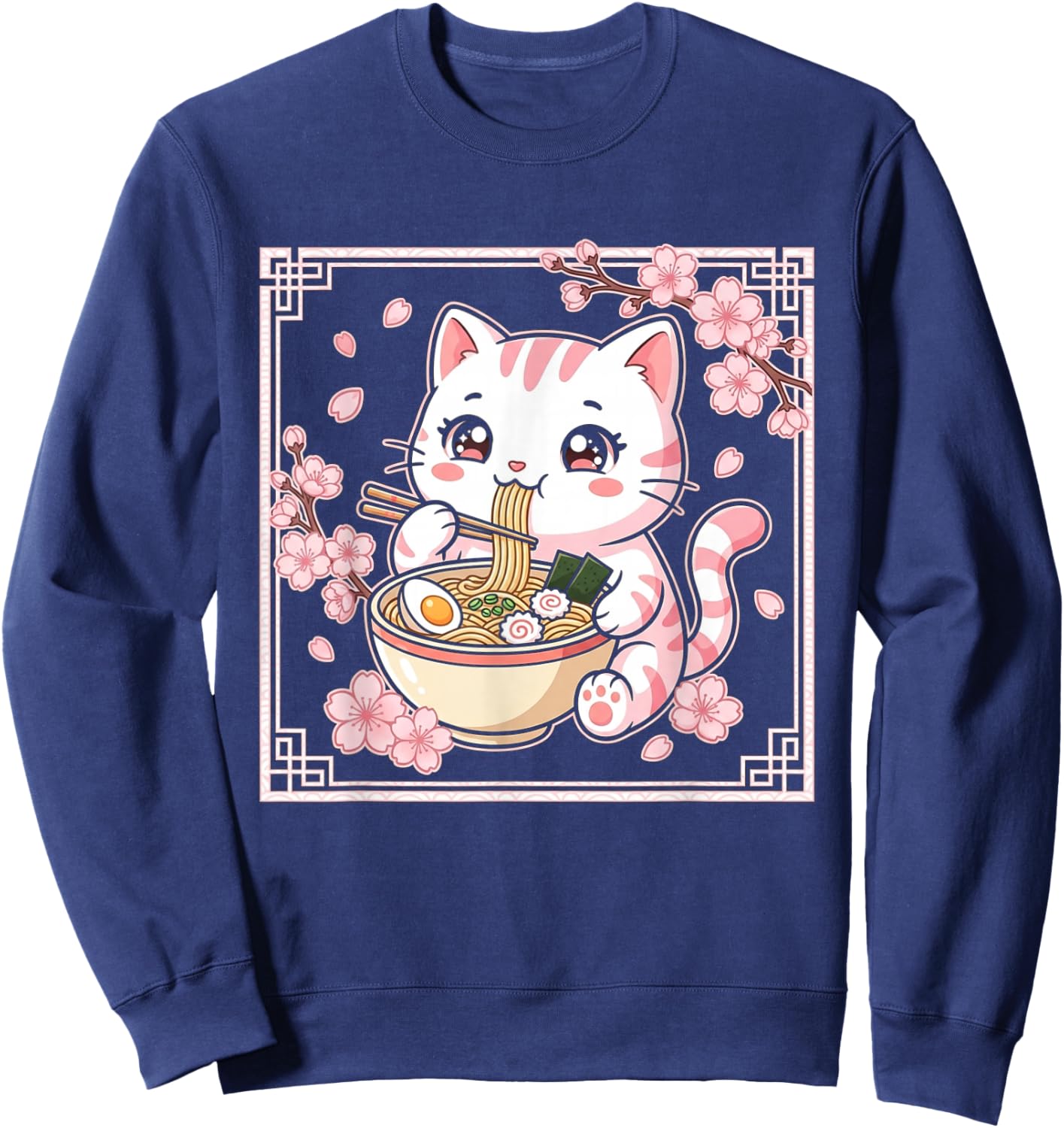 Kawaii Cat Ramen Anime Japanese Cherry Blossom Women Girls Sweatshirt - Sweatshirt | Navy