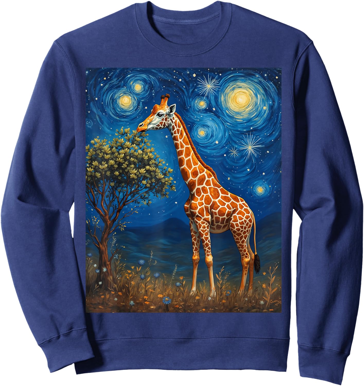 Van Gogh's Starry Night Giraffe Towering Beauty Animal Sweatshirt - Sweatshirt | Navy