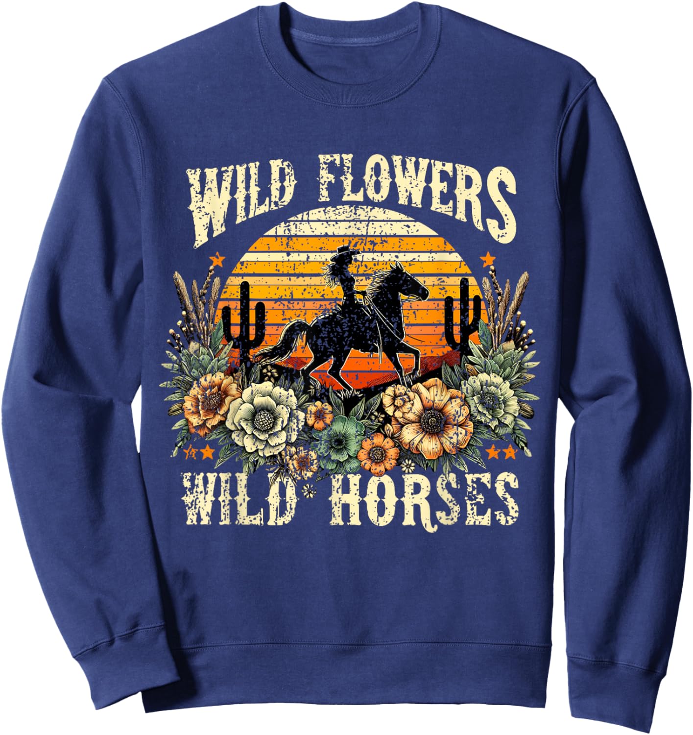 Retro Cowgirl Wild Flowers - Wild Horses Vintage Style Sweatshirt - Sweatshirt | Navy