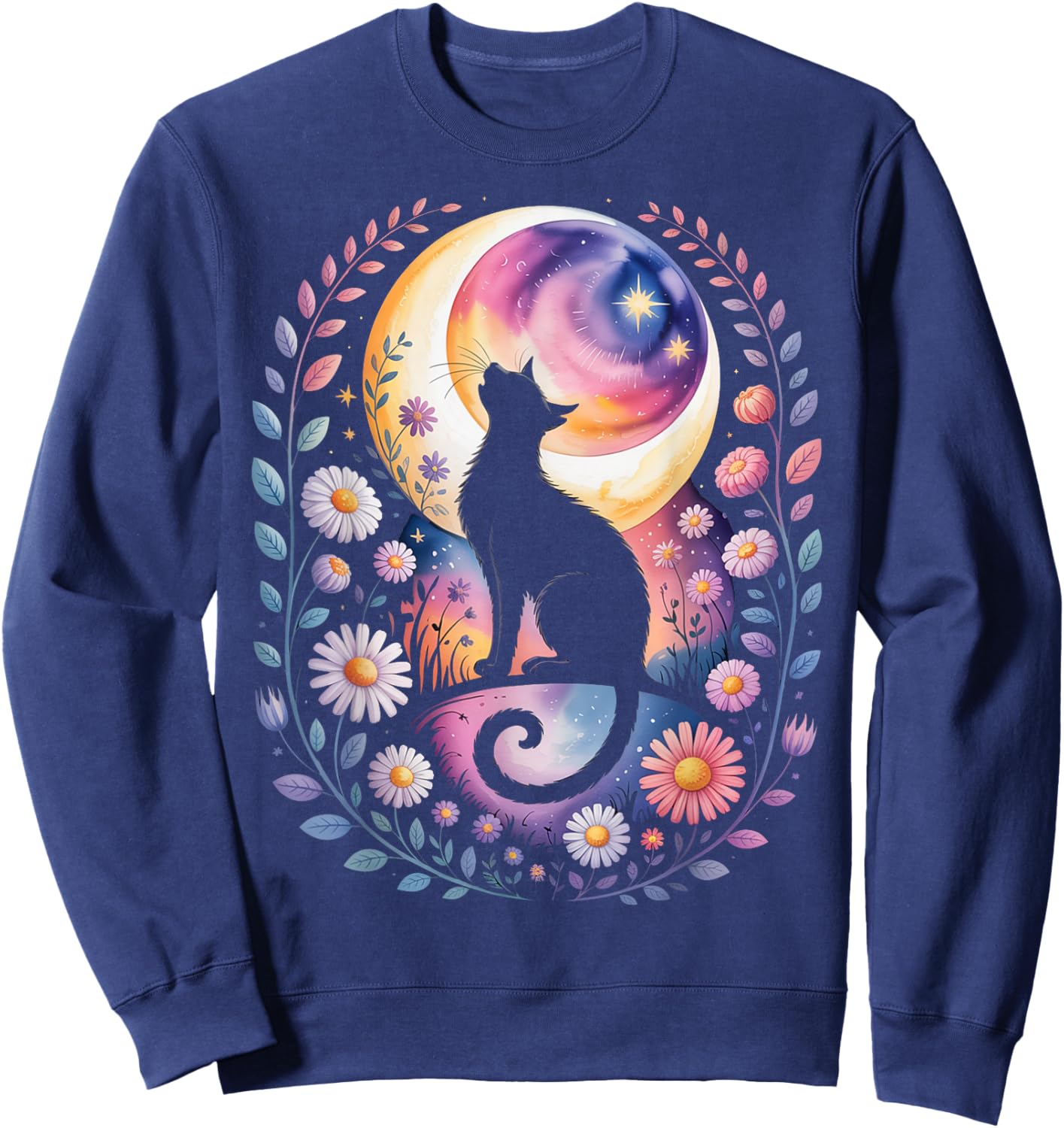 Mystic Moon Cat with Stars - Witchy Halloween Celestial Art Sweatshirt - Sweatshirt | Navy