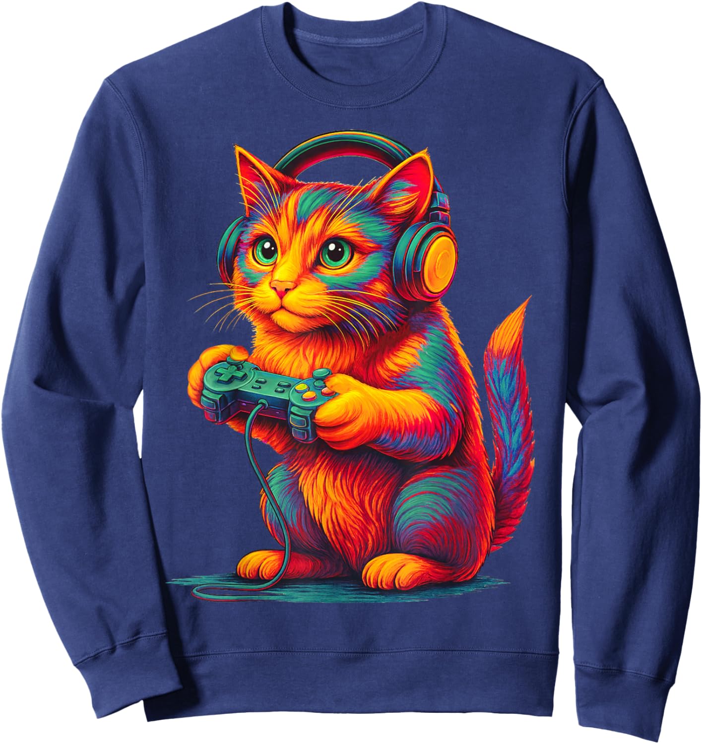 Cat Gamer Funny Video Games Gamer Cat Funny Gaming Sweatshirt - Sweatshirt | Navy
