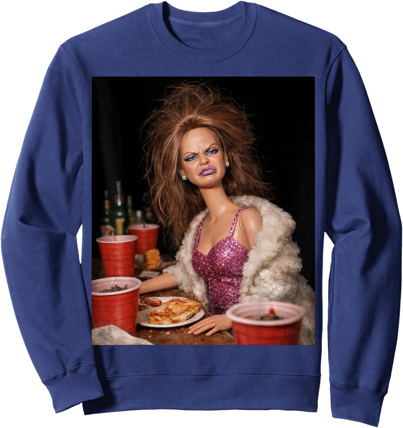 Funny Distressed Party Doll Face Meme Sweatshirt - Sweatshirt | Navy