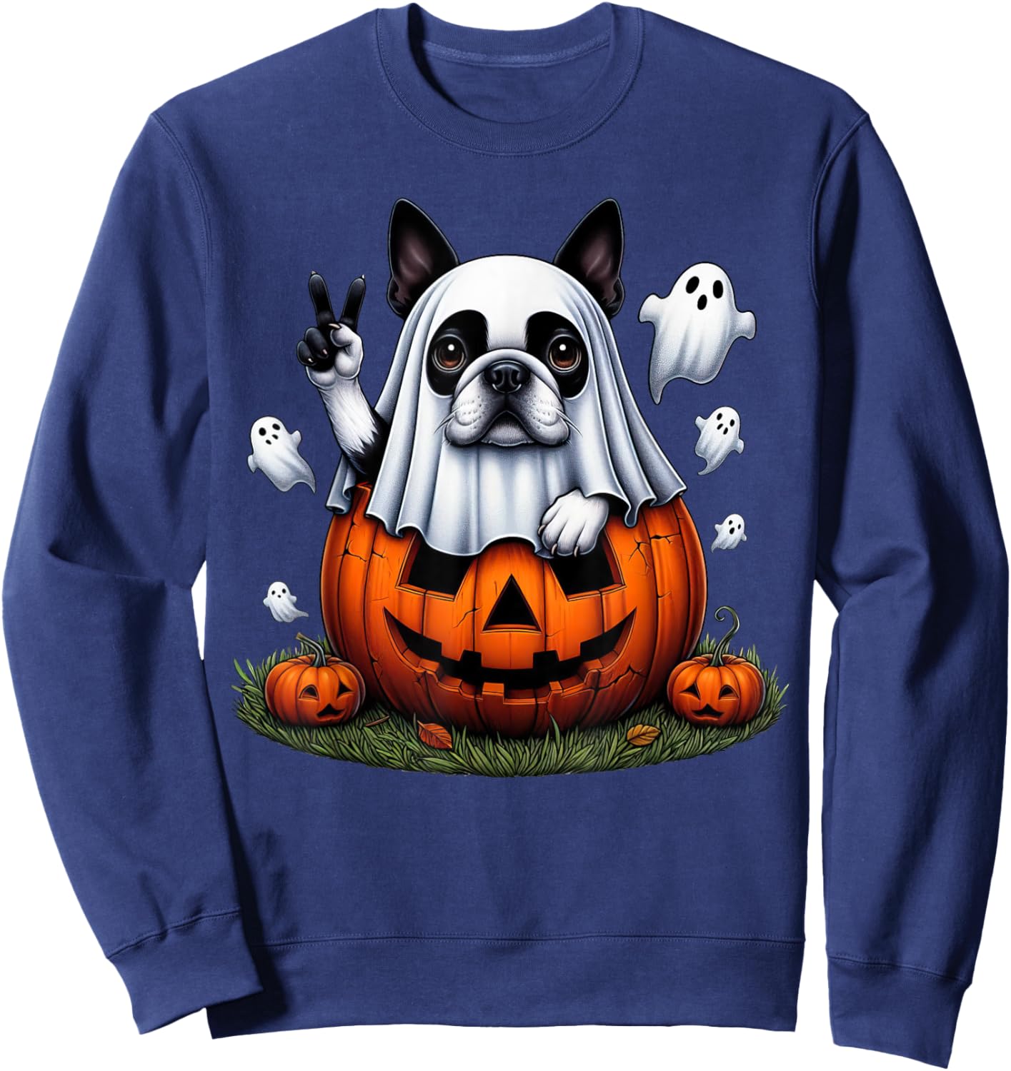 Funny Boston Terrier Ghost Boo Halloween Kids Sweatshirt - Sweatshirt | Navy