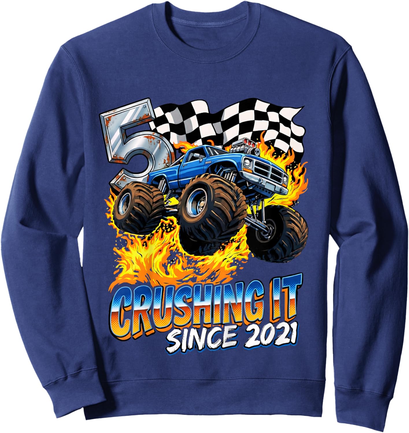 Kids Birthday Monster Truck Boys 5 Crushing It Since 2021 Sweatshirt - Sweatshirt | Navy