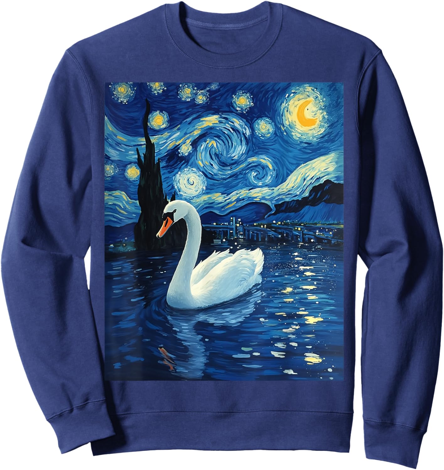 Van Gogh's Starry Night Swan Elegant Glider Animal Lovers Sweatshirt - Sweatshirt | Navy