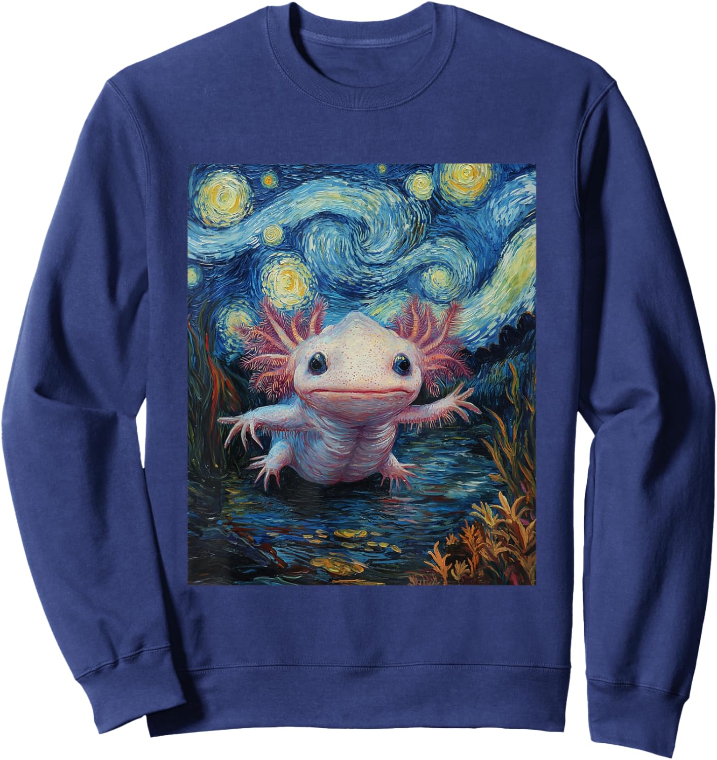Axolotl Kawaii - Van Gogh Style - Starry Night Graphic Sweatshirt - Sweatshirt | Navy