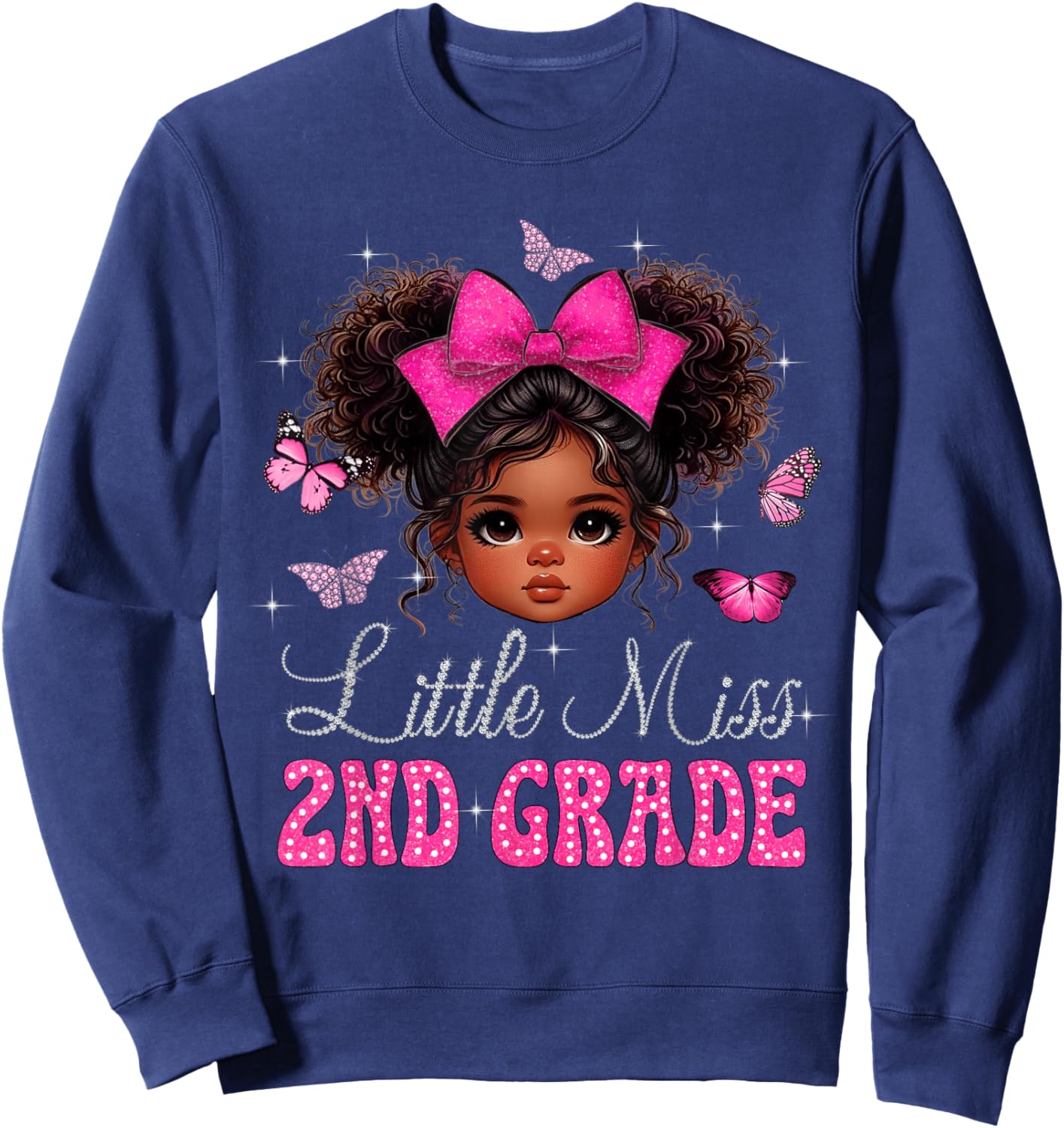Little Miss 2nd Grade Messy Bun Black Girls Back To School Sweatshirt - Sweatshirt | Navy