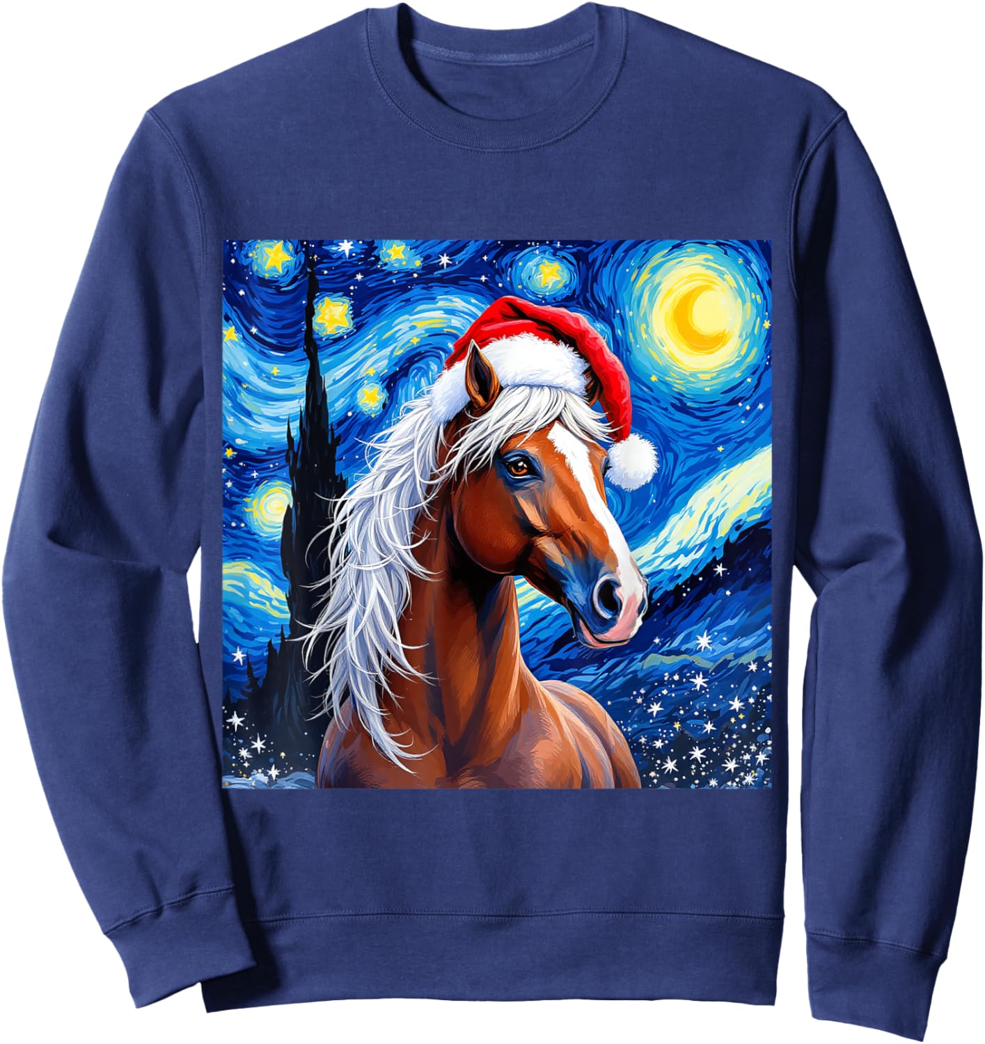 Christmas Horse Santa Hat Van Gogh Starry Night Holiday Sweatshirt - Sweatshirt | Navy