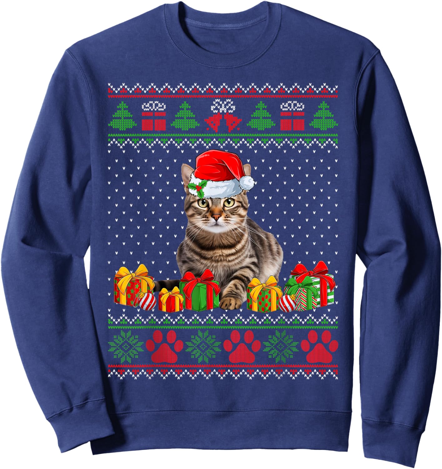 Funny Tabby Cat Santa Hat Ugly Christmas Sweater Xmas PJS Women Kids Sweatshirt - Sweatshirt | Navy