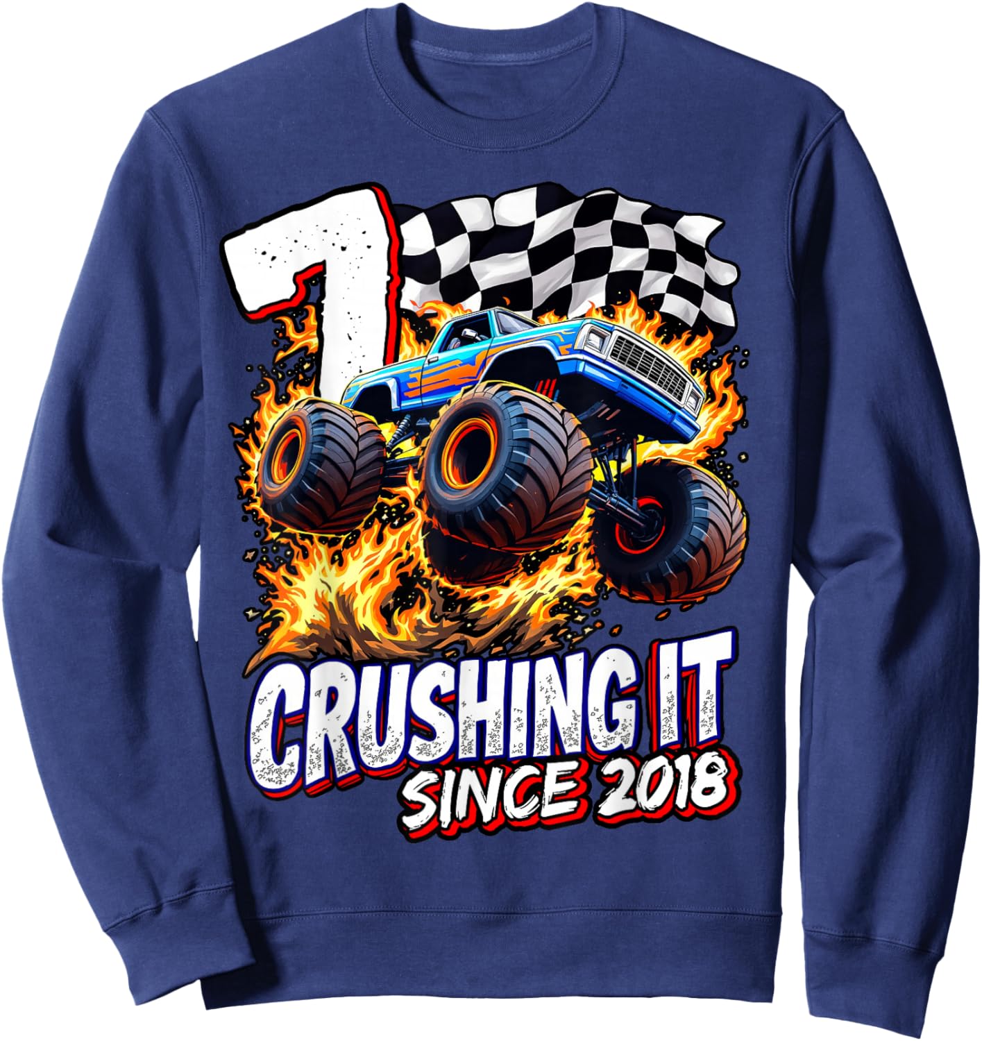 Birthday Monster Truck 7 Year Old Boys 7th Party Born 2018 Sweatshirt - Sweatshirt | Navy