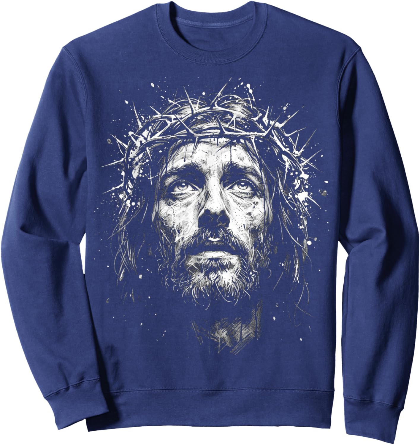 Jesus Christ Crown of Thorns Christian Jesus Face Sweatshirt - Sweatshirt | Navy
