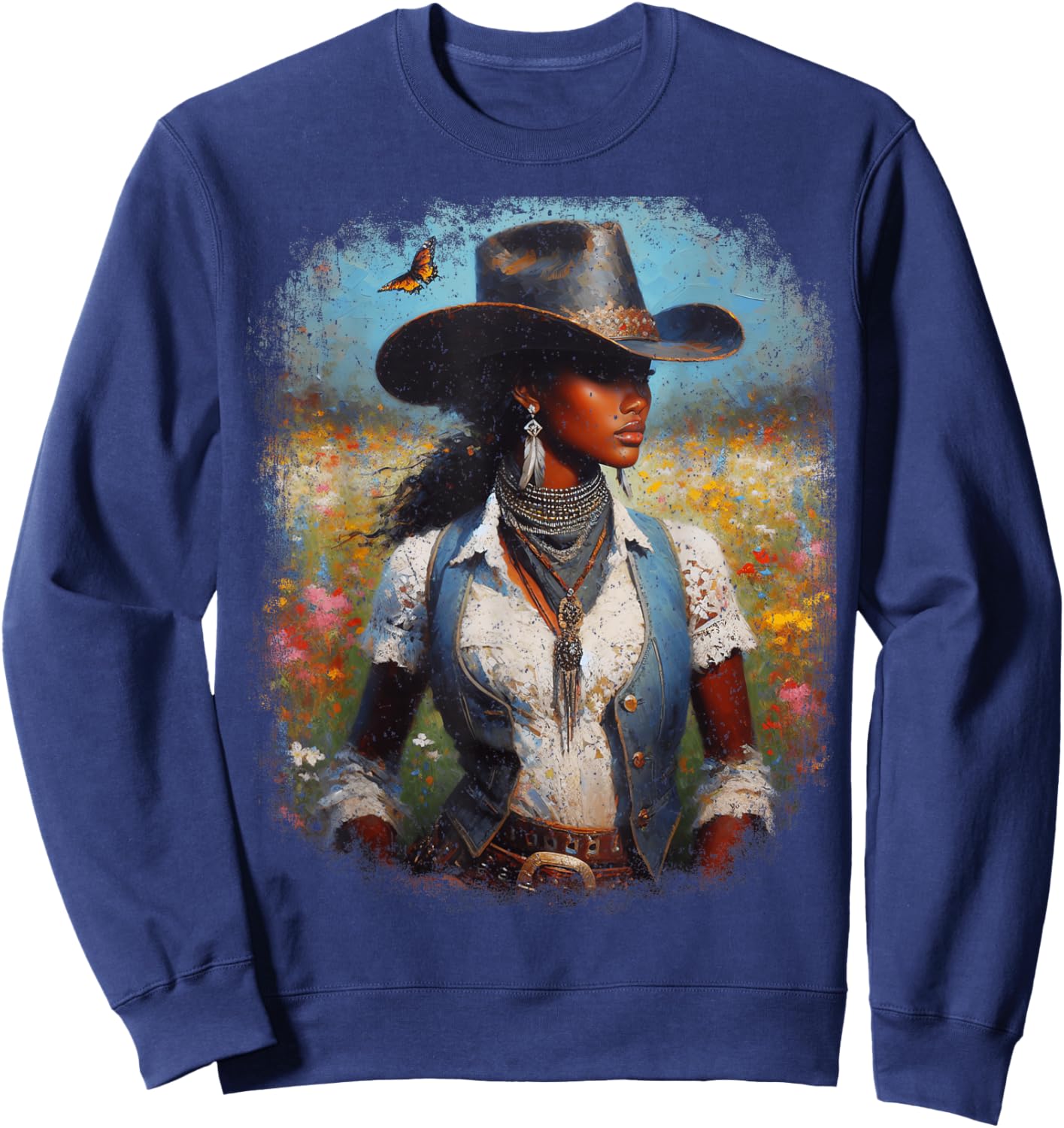 Black Cowgirl Painting Art Western Rodeo Melanin Black Woman Sweatshirt - Sweatshirt | Navy