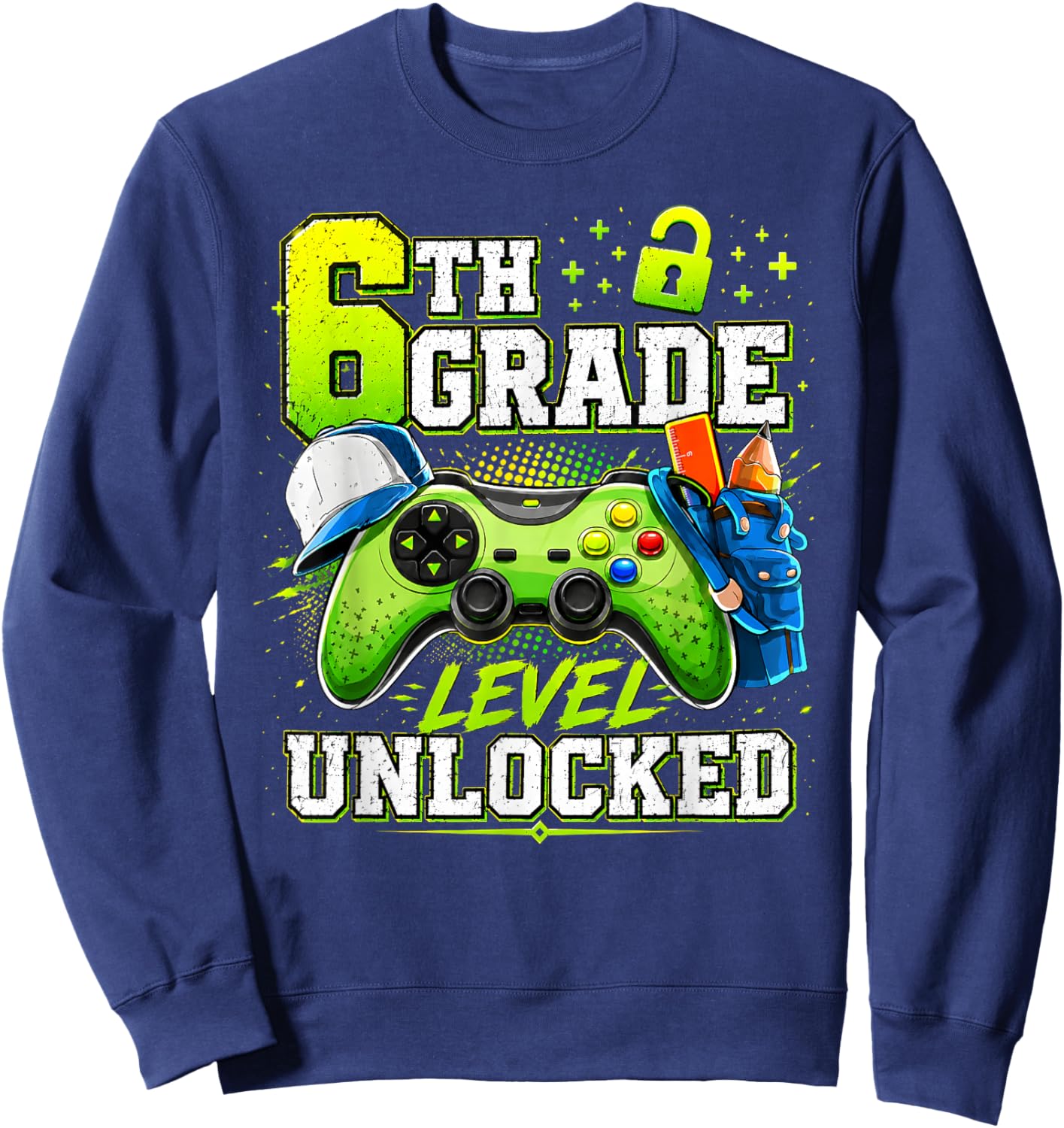 Back to School 6th Sixth Grade Level Unlocked Gamer Kid Sweatshirt - Sweatshirt | Navy