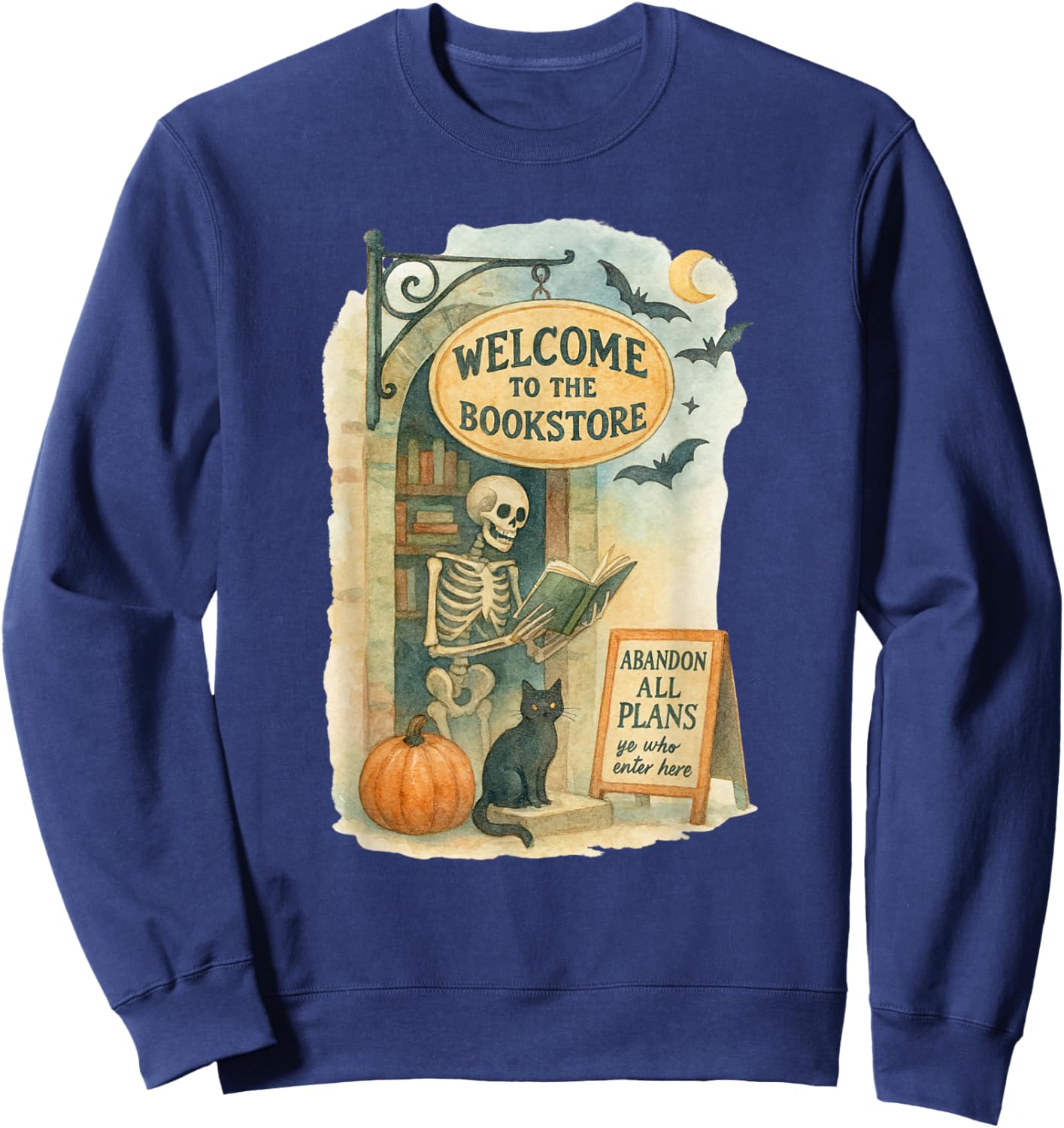 Welcome to The Bookstore Spooky Skeleton Halloween Sweatshirt - Sweatshirt | Navy
