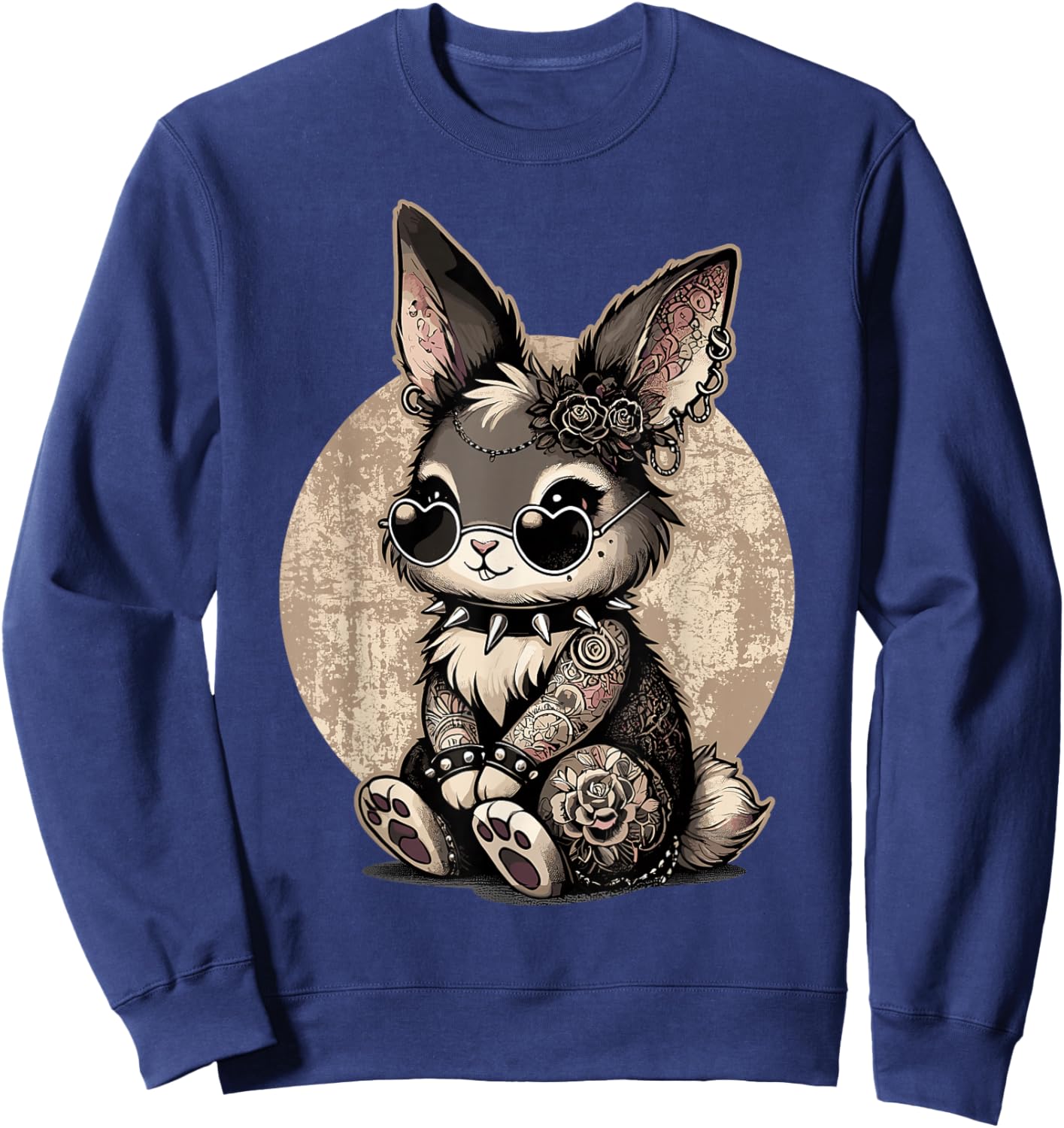 Gothic Bunny with Tattoos & Spiked Collar Sweatshirt - Sweatshirt | Navy