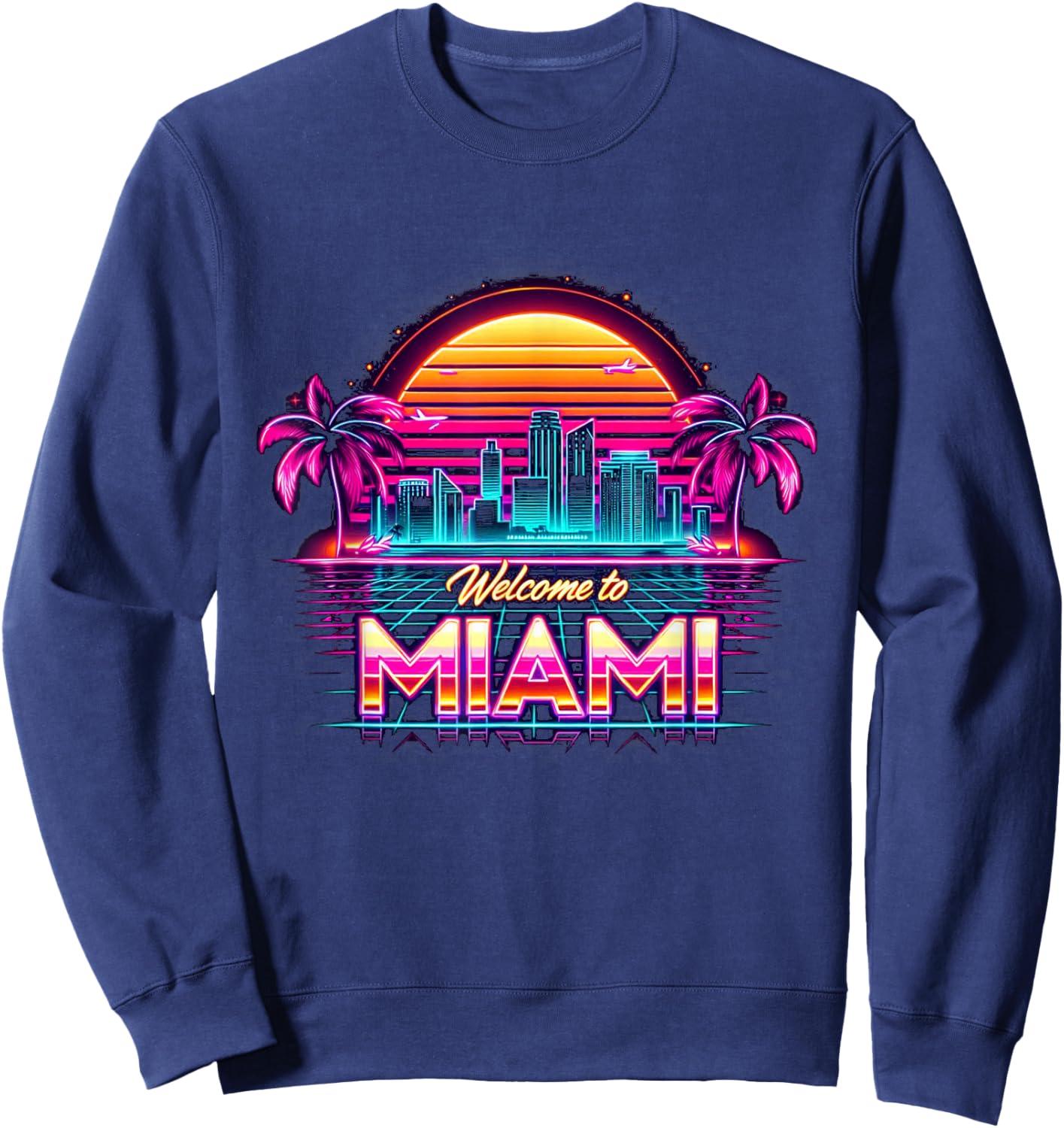 Miami Vibes Apparel Co. Skyline der Urlaubsstadt Miami Beach im Retro-Stil bei Sonnenuntergang in Schwarz, , Kurzarm, , Small Sweatshirt - Sweatshirt | Navy
