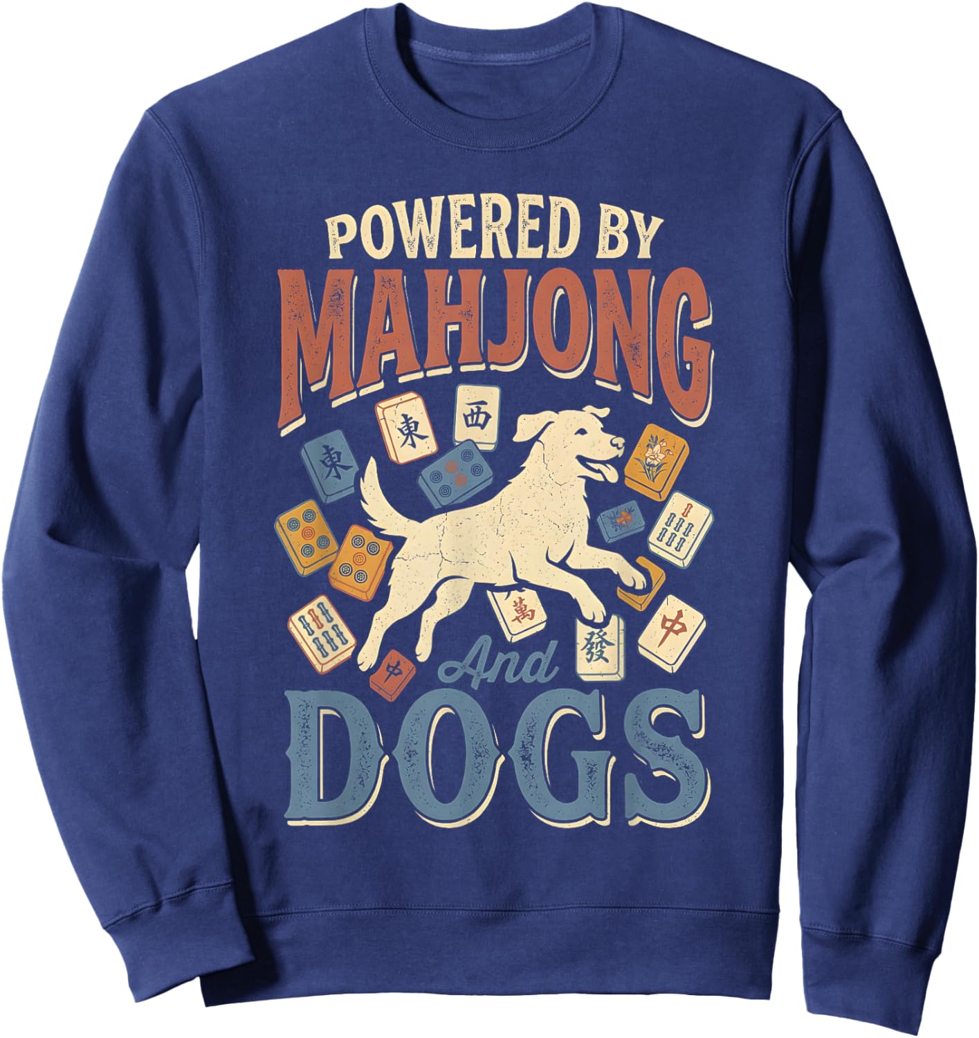 Powered by Mahjong and Dog Retro Funny Mahjong Player Sweatshirt - Sweatshirt | Navy