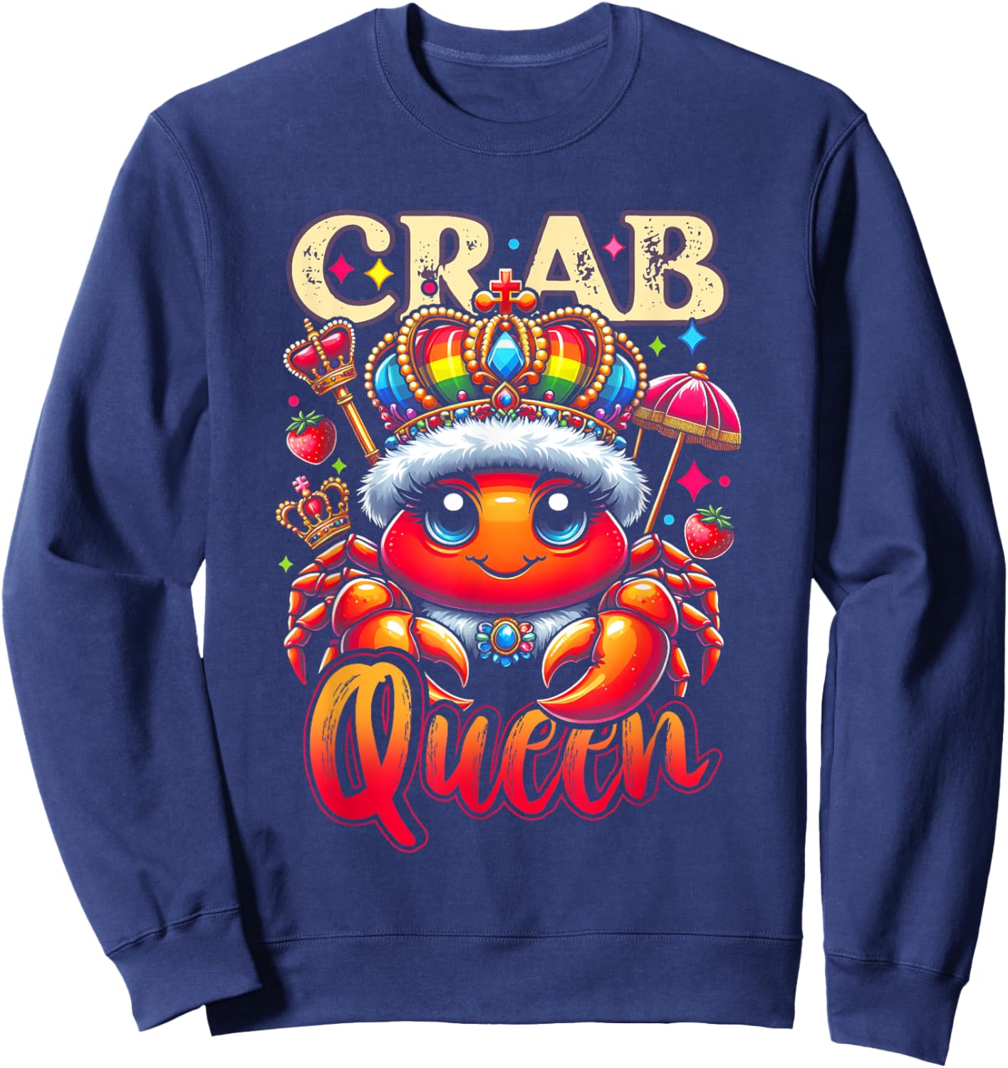 A Crab Wearing A Cloak And A Crown Crab Queen Cartoon Art Sweatshirt - Sweatshirt | Navy