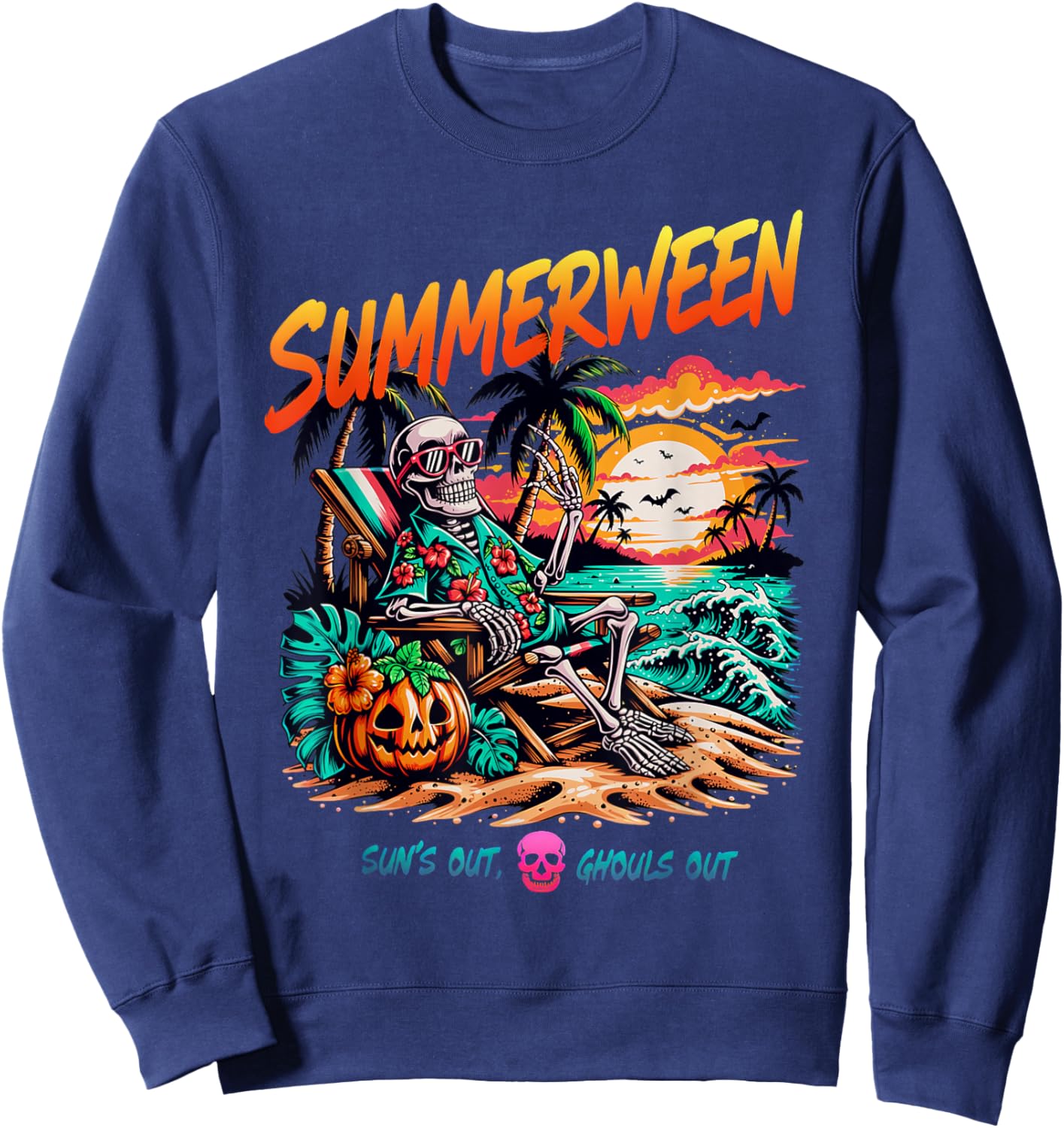 Summerween Suns Out Ghouls Out Skeleton Relaxing Beach Sweatshirt - Sweatshirt | Navy