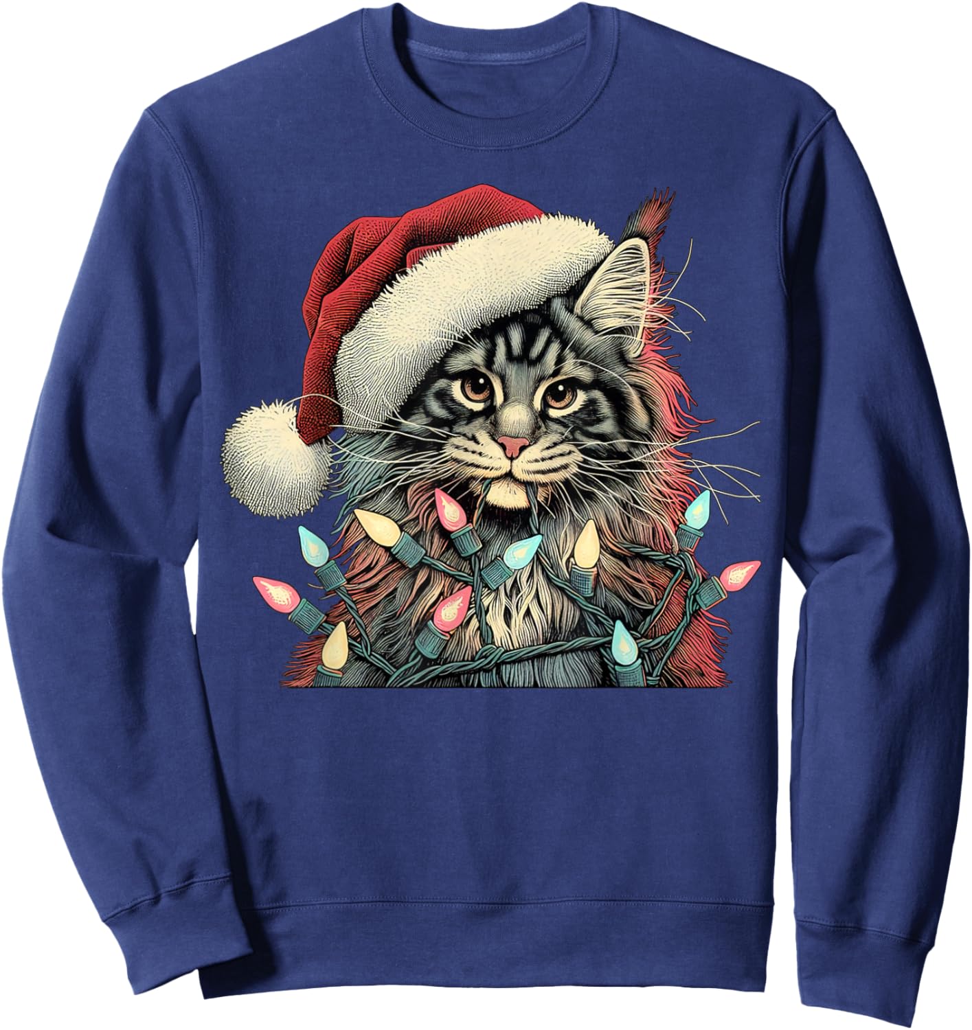 Maine Coon Cat Chew Christmas Light Xmas Holiday Funny Cute Sweatshirt - Sweatshirt | Navy
