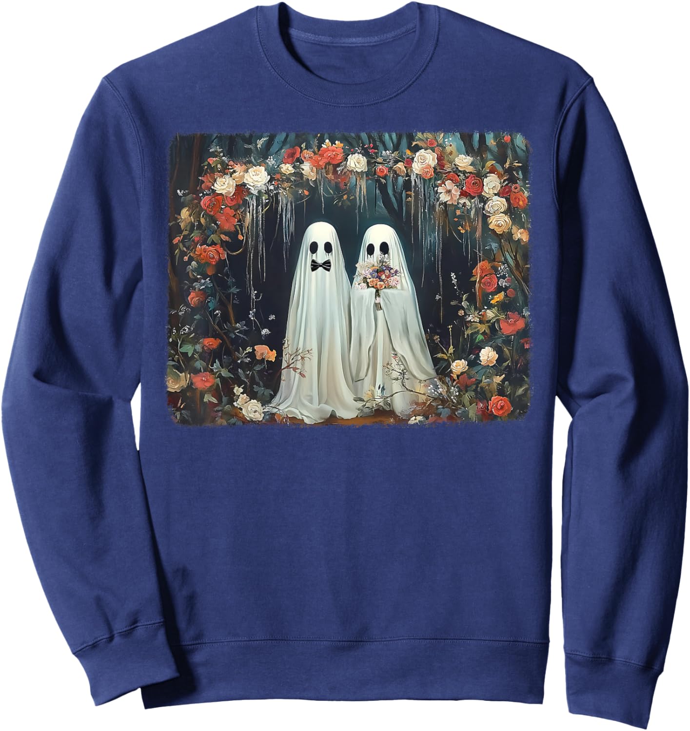 Halloween Floral Ghost Just Married Wedding Groom Bride Sweatshirt - Sweatshirt | Navy